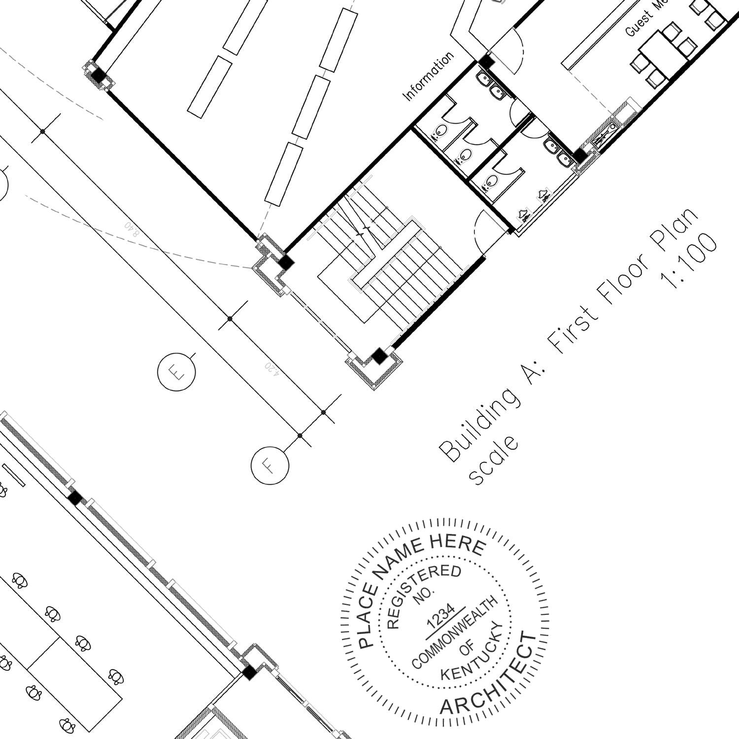 Architectural floor plan stamped with Self Inking Kentucky Architect Stamp, showing detailed building layout and official seal.