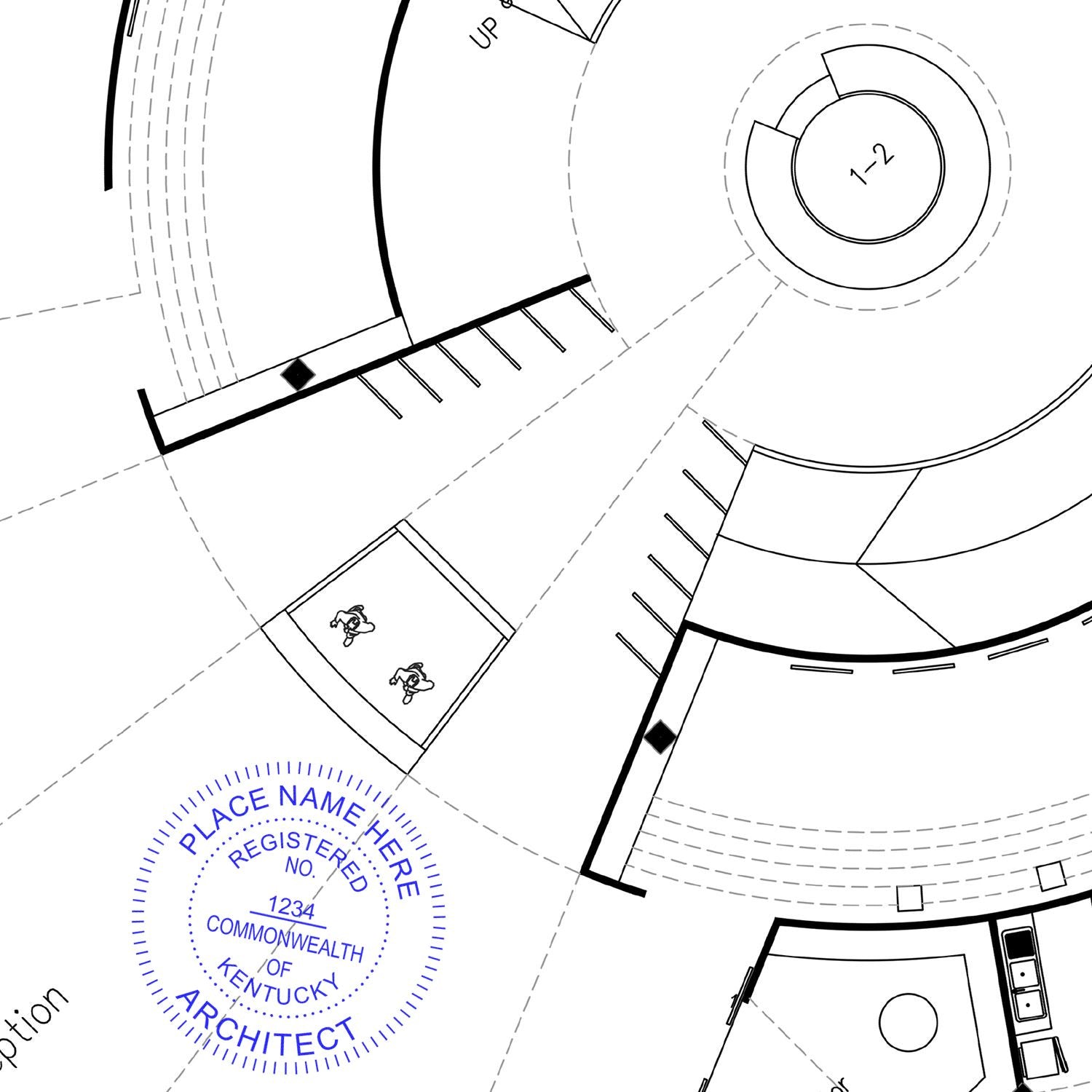 A photograph of the Slim Pre-Inked Kentucky Architect Seal Stamp stamp impression reveals a vivid, professional image of the on paper.