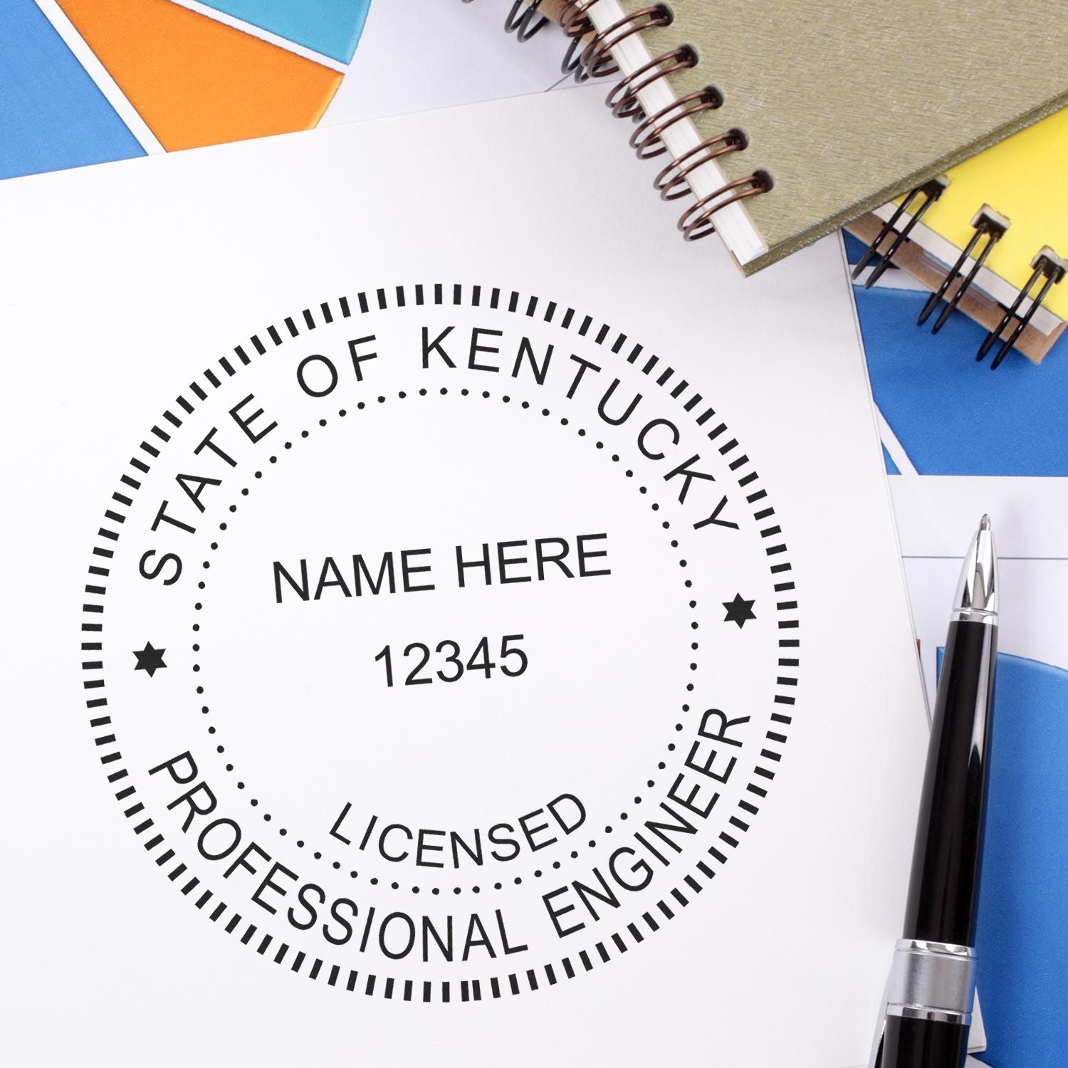 A lifestyle photo showing a stamped image of the Kentucky Professional Engineer Seal Stamp on a piece of paper