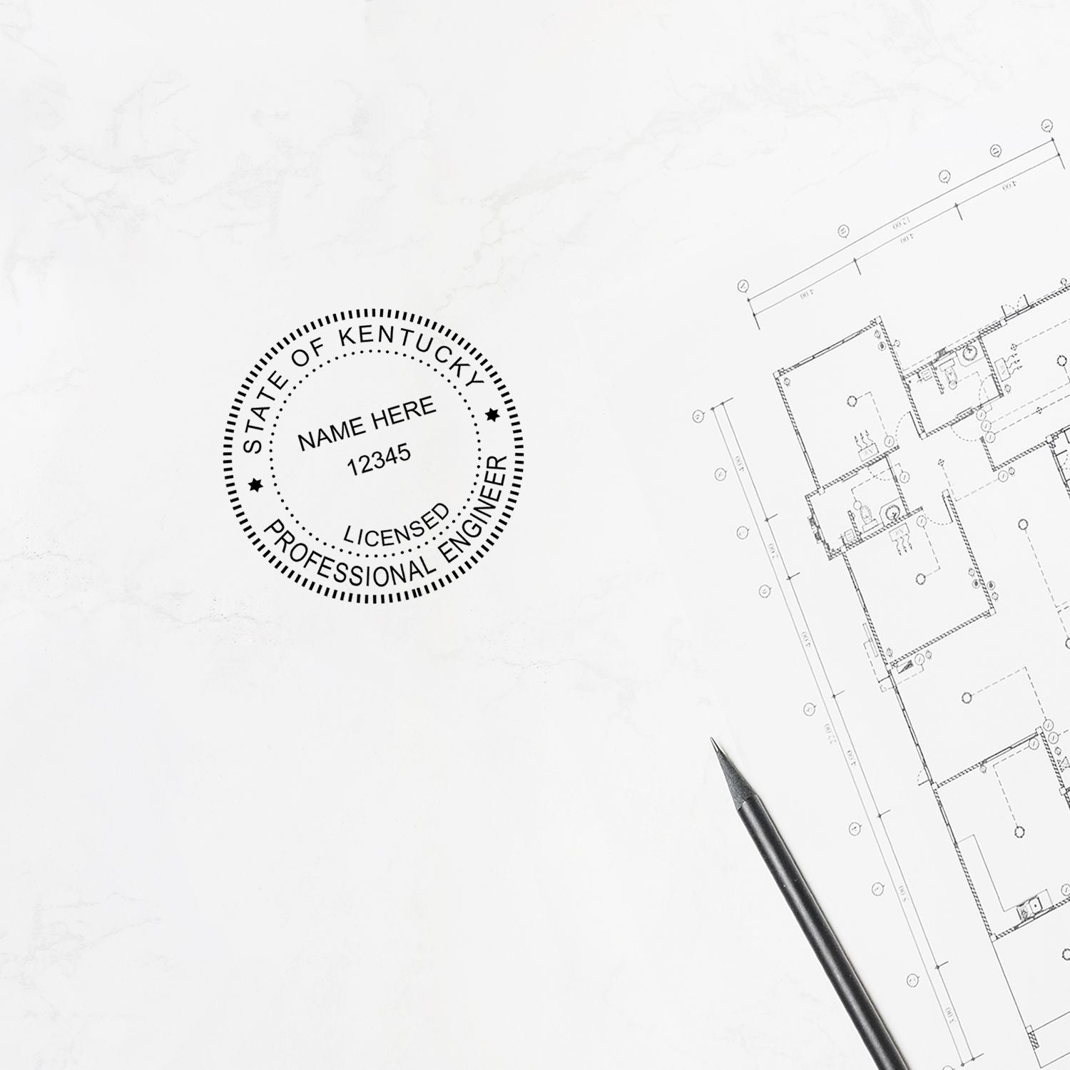 An alternative view of the Premium MaxLight Pre-Inked Kentucky Engineering Stamp stamped on a sheet of paper showing the image in use