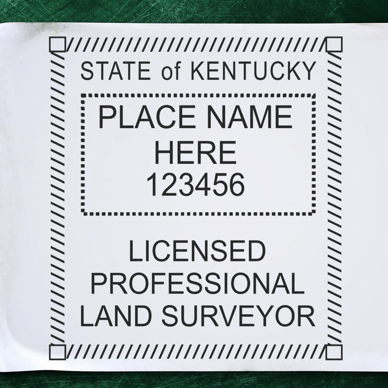 Self Inking Kentucky Land Surveyor Stamp with customizable text fields for name and license number on a white background.