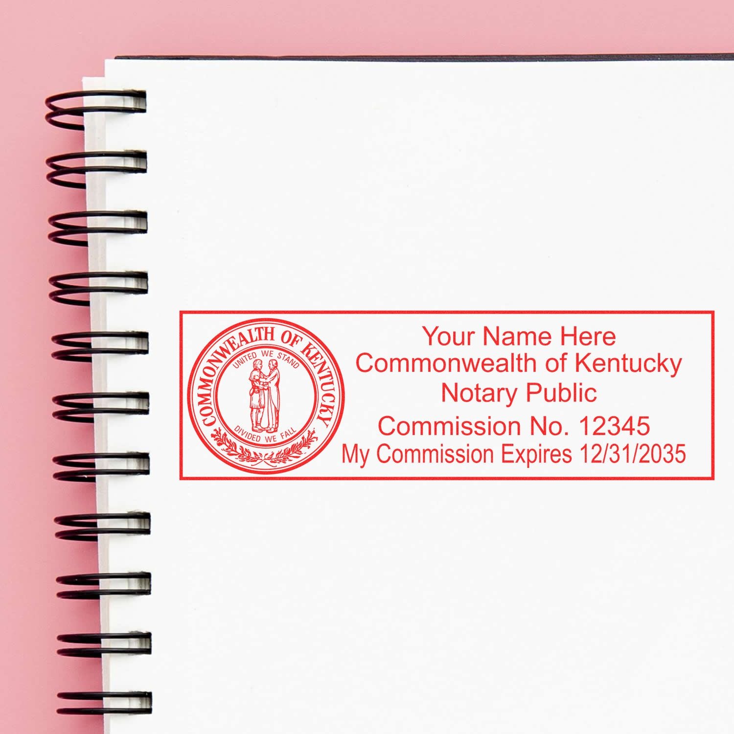 The Self-Inking State Seal Kentucky Notary Stamp stamp impression comes to life with a crisp, detailed photo on paper - showcasing true professional quality.