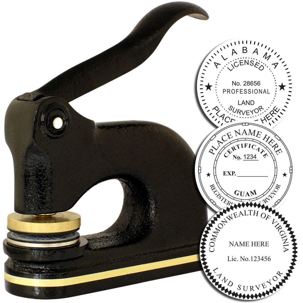 Land Surveyor Cast Iron Desk Seal Embosser in black with gold accents, shown with sample embossed seals from Alabama, Guam, and Virginia.