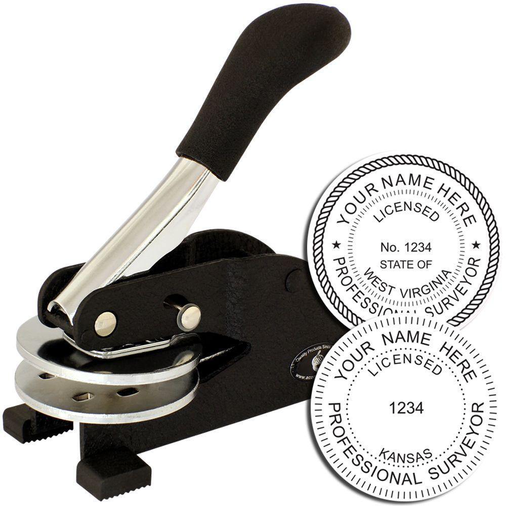 Land Surveyor Desk Seal Embosser with a black handle and two sample embossed seals showing customizable text for professional surveyors.