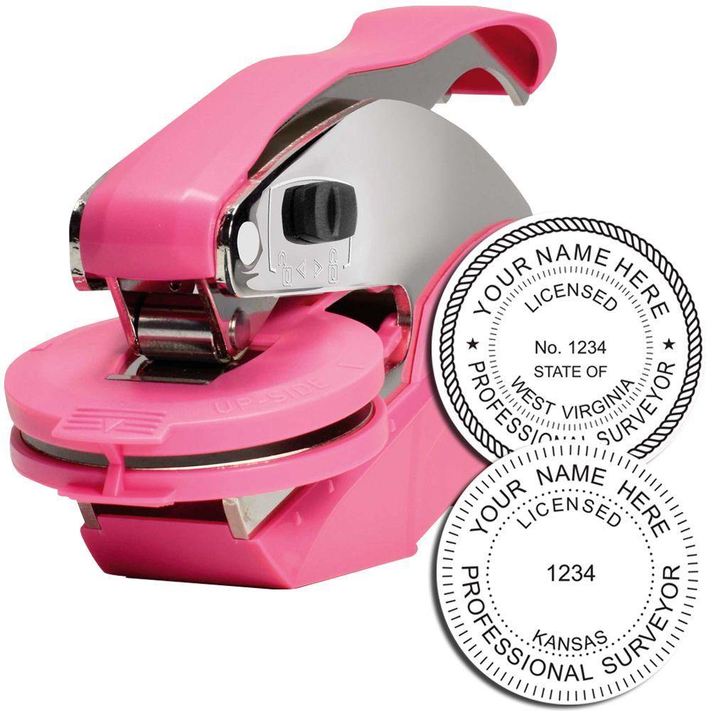 Land Surveyor Pink Hybrid Handheld Embosser with two customizable seal designs for professional surveyors.