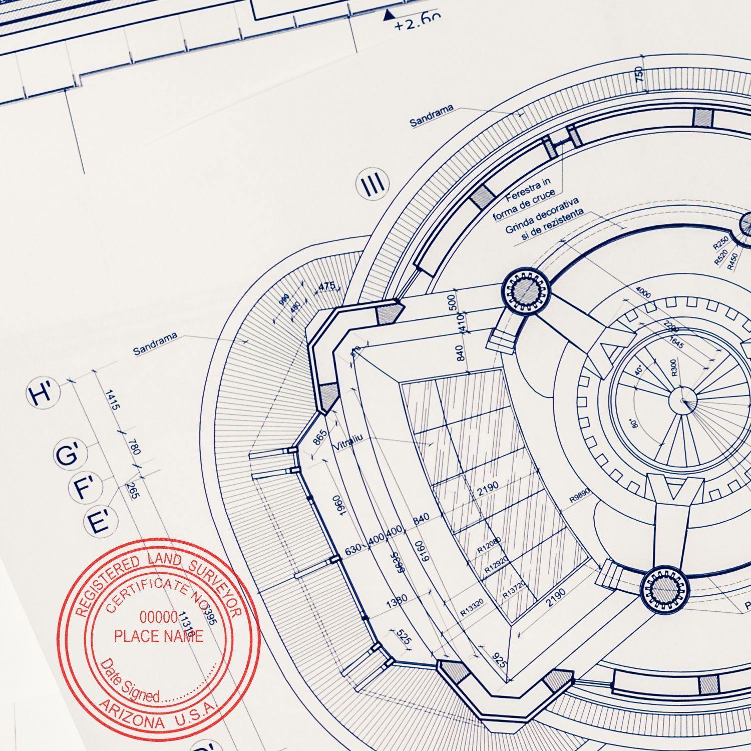 Blueprint with a red Land Surveyor eSeal Electronic Image Stamp of Seal marked Registered Land Surveyor and space for name and certificate number.