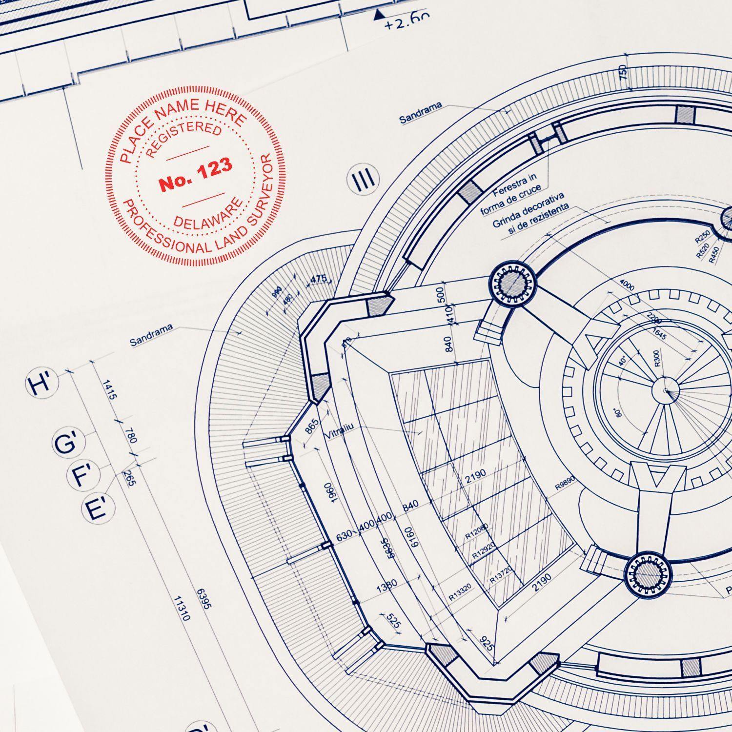 Blueprint with a red Land Surveyor eSeal Electronic Image Stamp of Seal, showing detailed architectural plans and measurements.