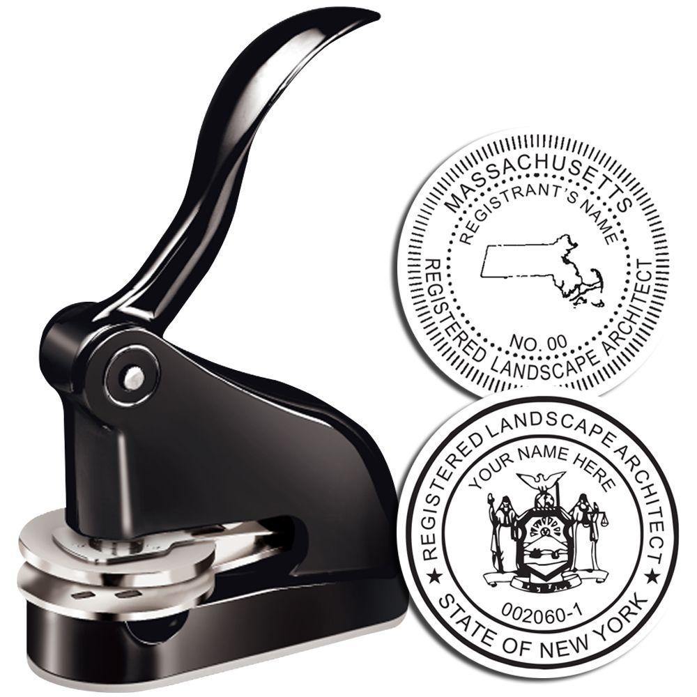 Landscape Architect Black Gift Seal Embosser with a sleek black handle and embossed seals for Massachusetts and New York landscape architects.