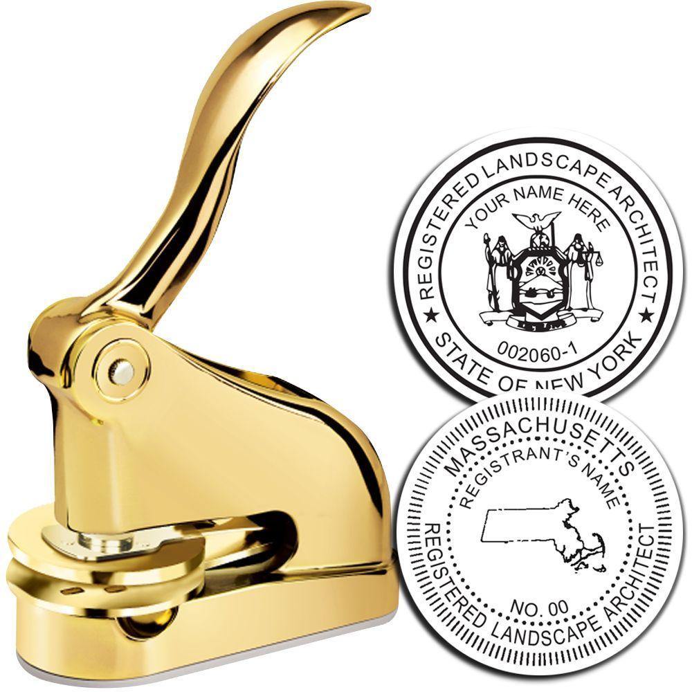 Landscape Architect Gold Gift Seal Embosser with two embossed seal designs for New York and Massachusetts, featuring a sleek gold finish.