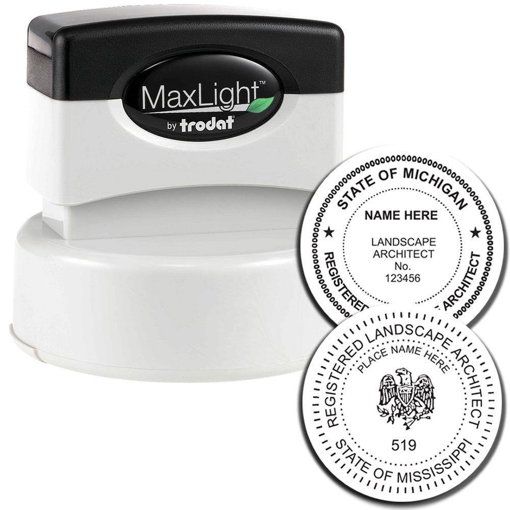 Image of the Landscape Architect MaxLight Pre Inked Rubber Stamp of Seal, featuring the stamp and two sample seal impressions for Michigan and Mississippi.