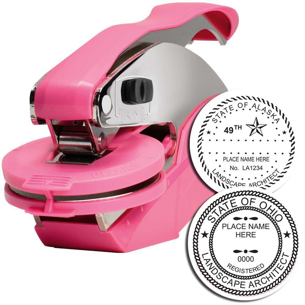 Pink Landscape Architect Hybrid Handheld Embosser with two sample embossed designs showing state seals and customizable text options.