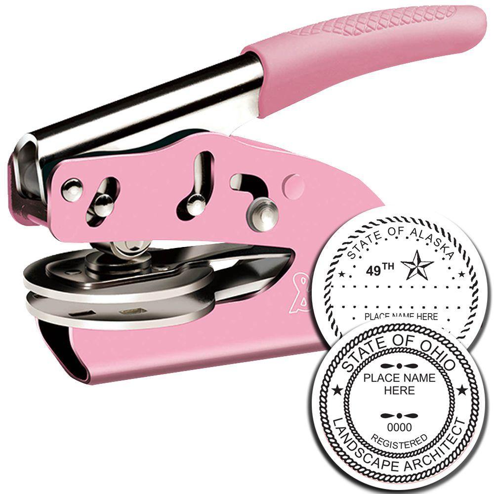 Landscape Architect Pink Soft Seal Embosser with a pink handle, shown with two sample embossed seals for State of Alaska and State of Ohio.