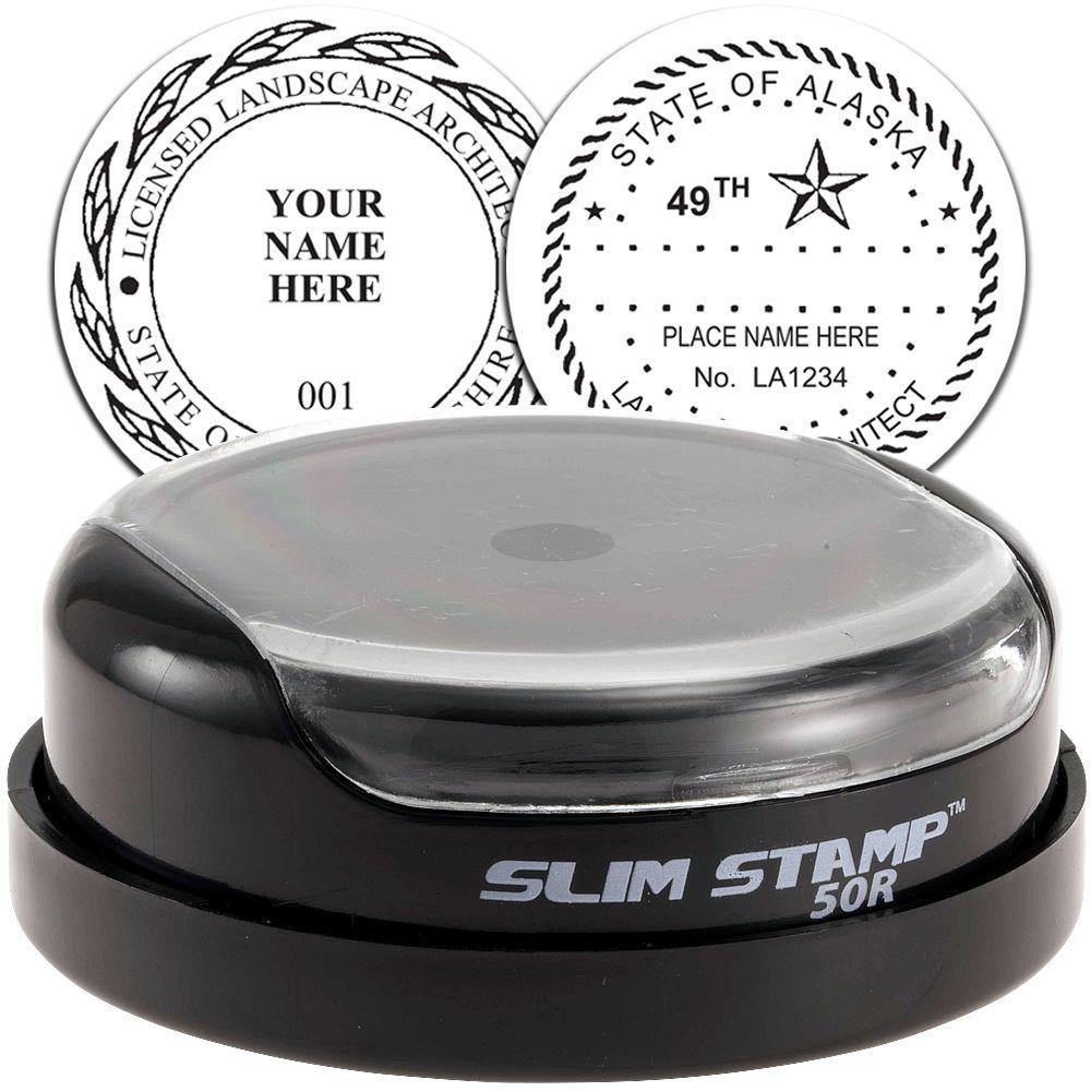 Landscape Architect Slim Pre-Inked Rubber Stamp of Seal with customizable design options, shown with sample imprints and compact black casing.