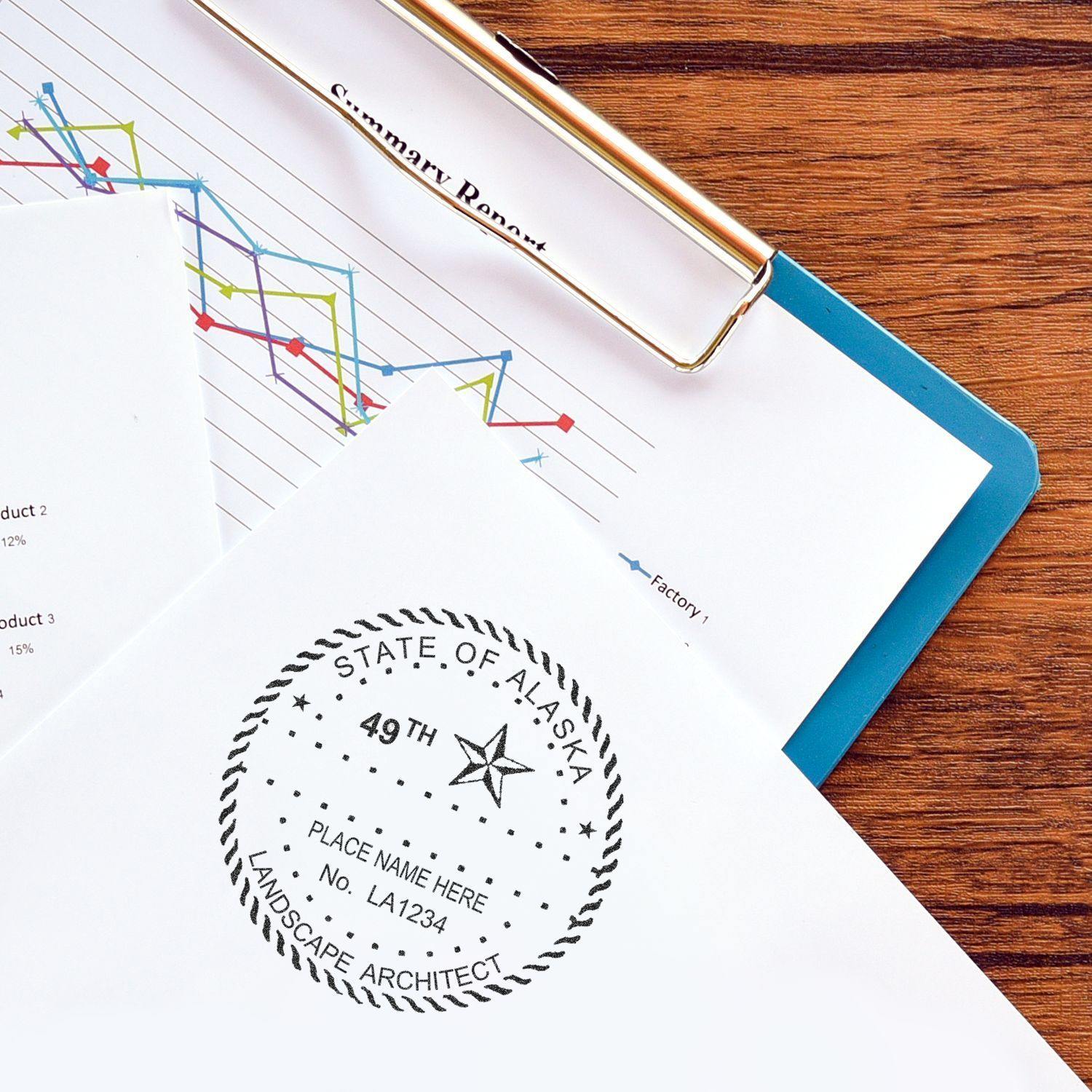 Landscape Architect Regular Rubber Stamp of Seal in use on a document, placed on a wooden desk with a clipboard and graph report.