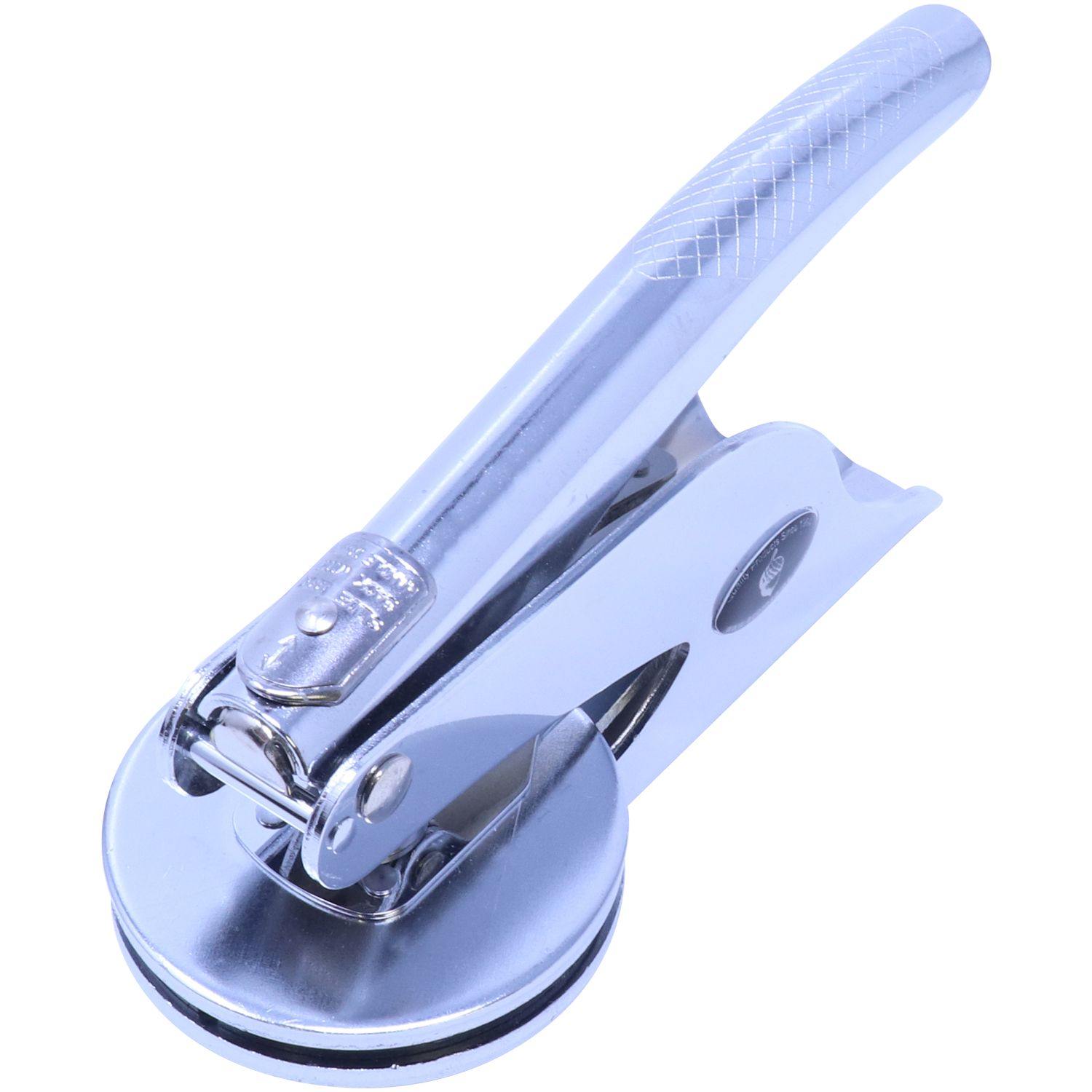 A silver Architect Handheld Seal Embosser with a textured handle and a circular imprint area, angled front-right view, on a white background.