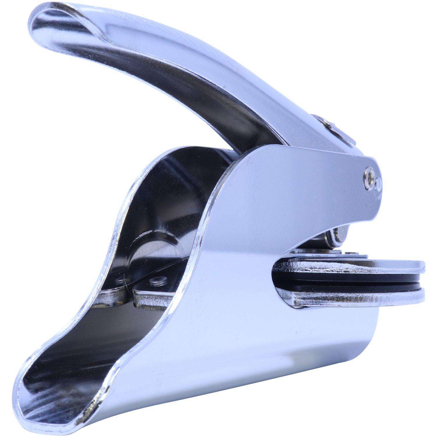 Silver Architect Handheld Seal Embosser with a sleek, ergonomic design, angled left-back side view, showcasing its sturdy metal construction and precision embossing mechanism.