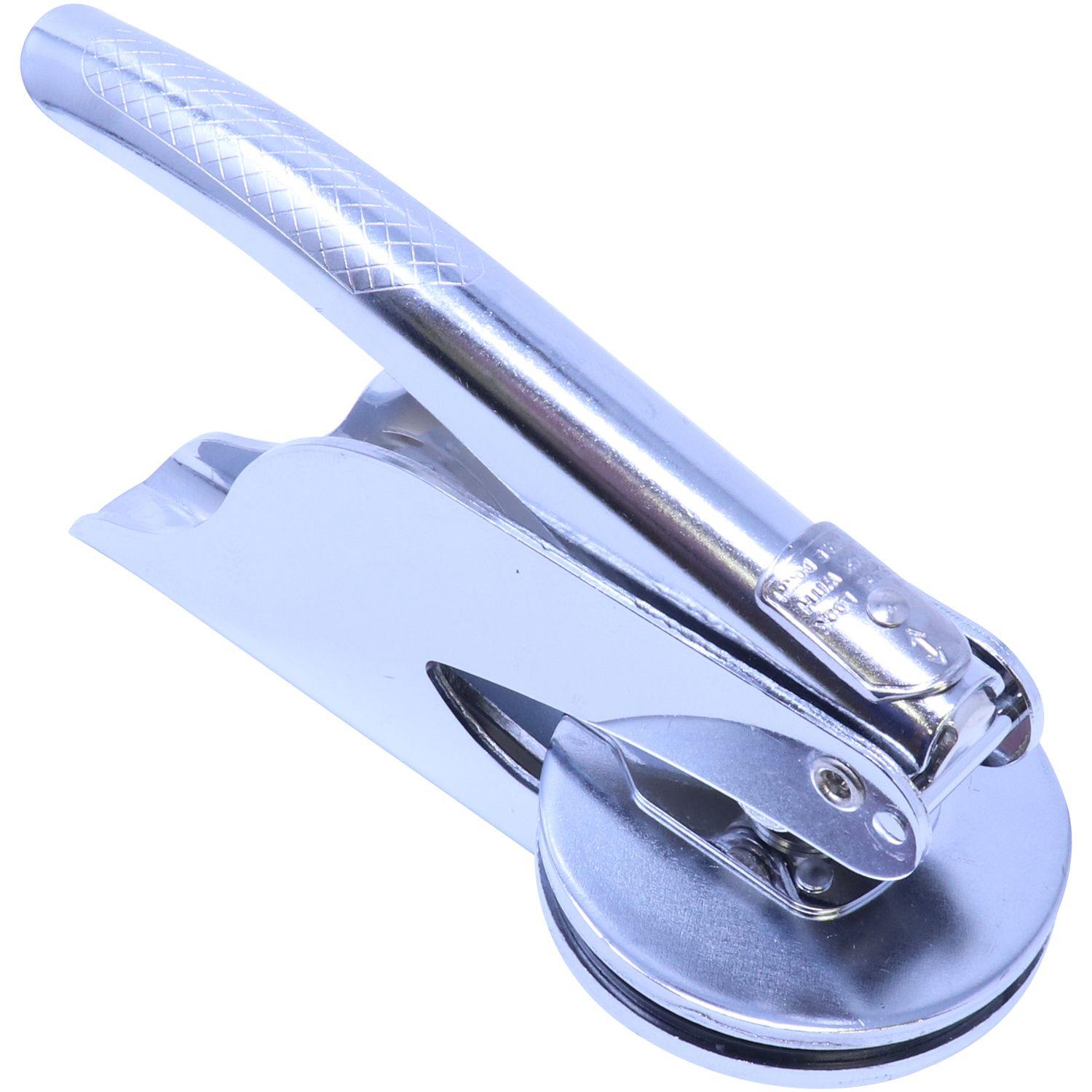 Architect Handheld Seal Embosser in a sleek, metallic finish, angled left front view. The embosser features a textured handle for grip and a circular base for imprinting seals.