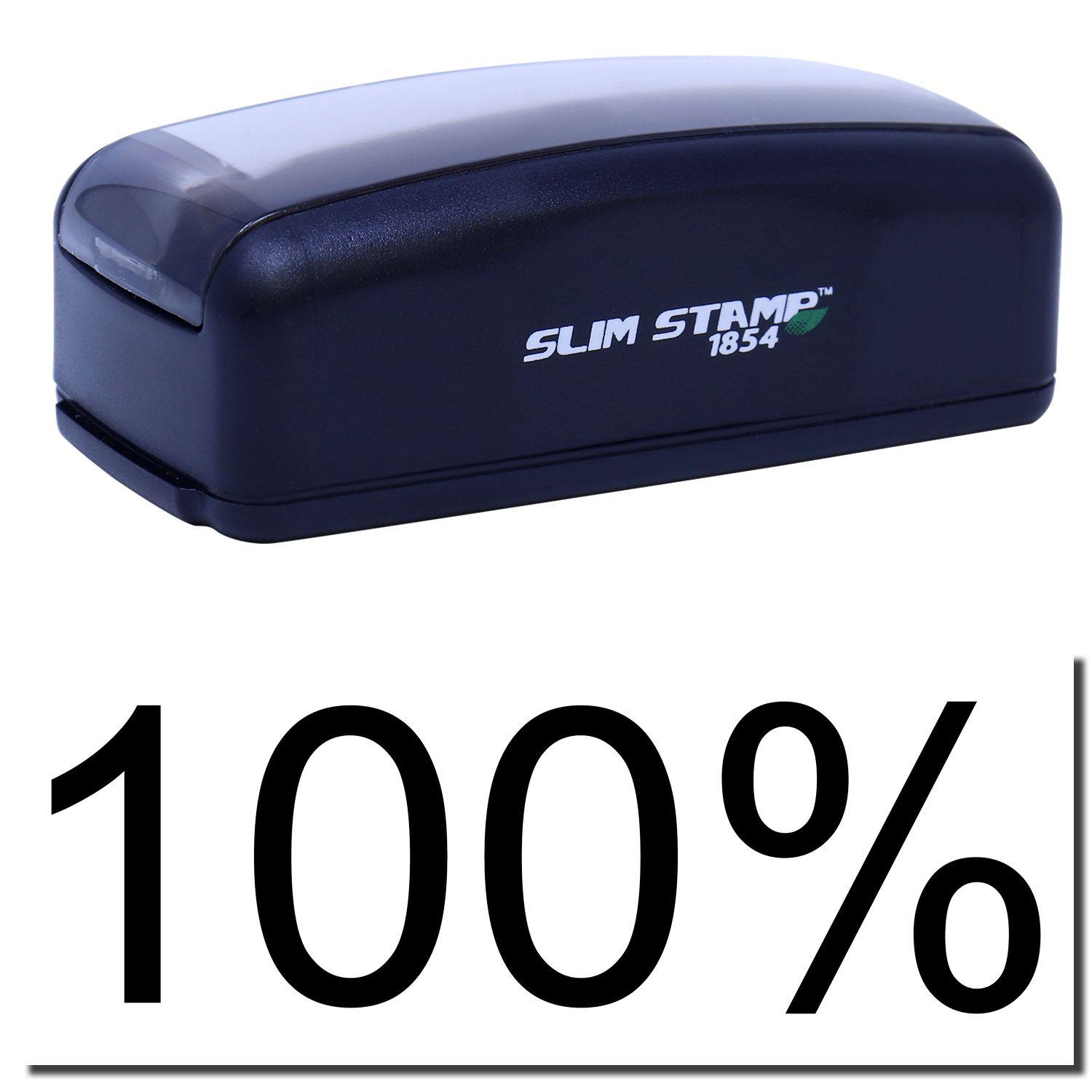 Large Pre-Inked 100% Stamp in black with SLIM STAMP 1854 branding, shown above a large 100% text.