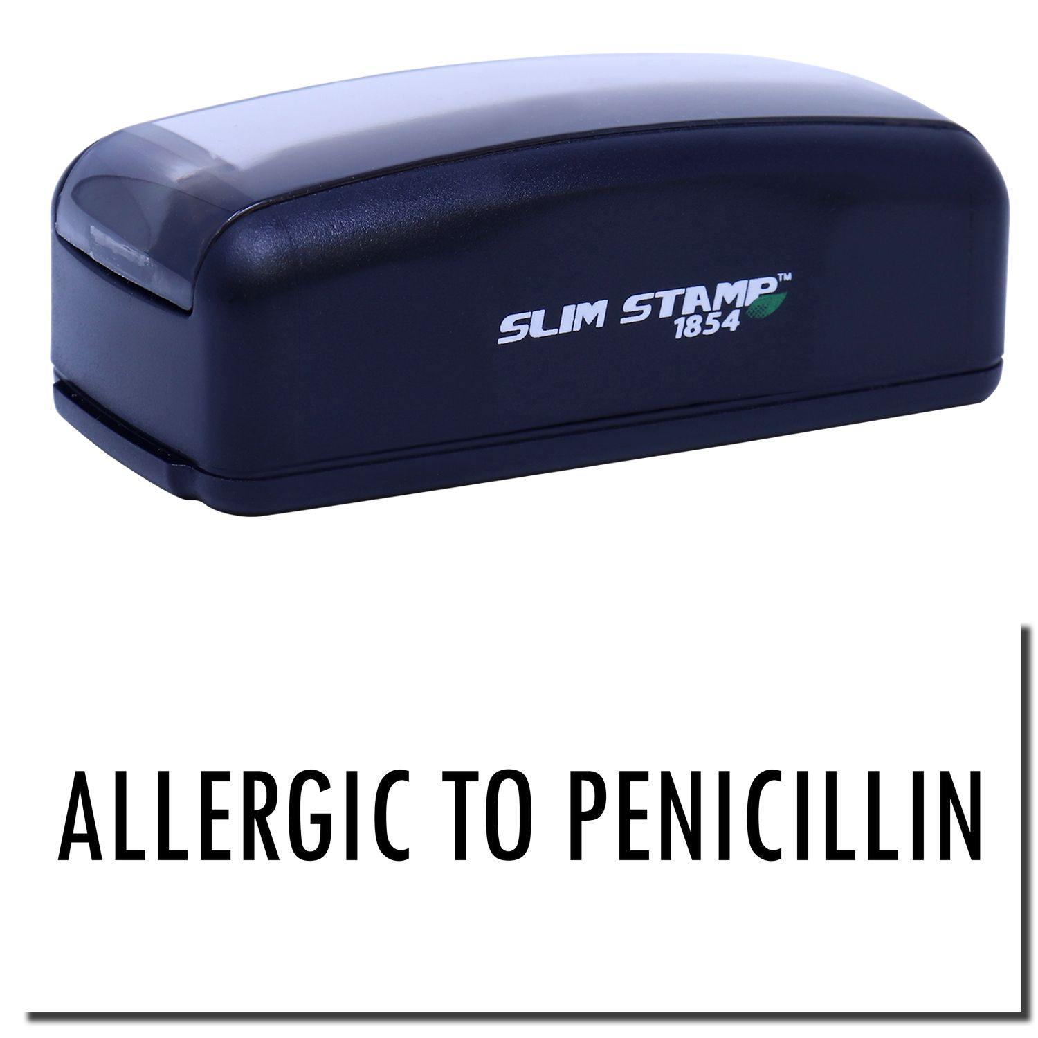 Large Pre-Inked Allergic To Penicillin Stamp in black with Allergic to Penicillin text, featuring a compact design and Slim Stamp branding.