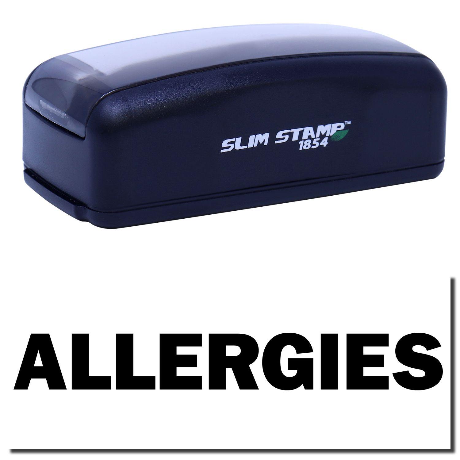 Large Pre-Inked Allergies Stamp with black casing and ALLERGIES text imprint, shown in black ink.