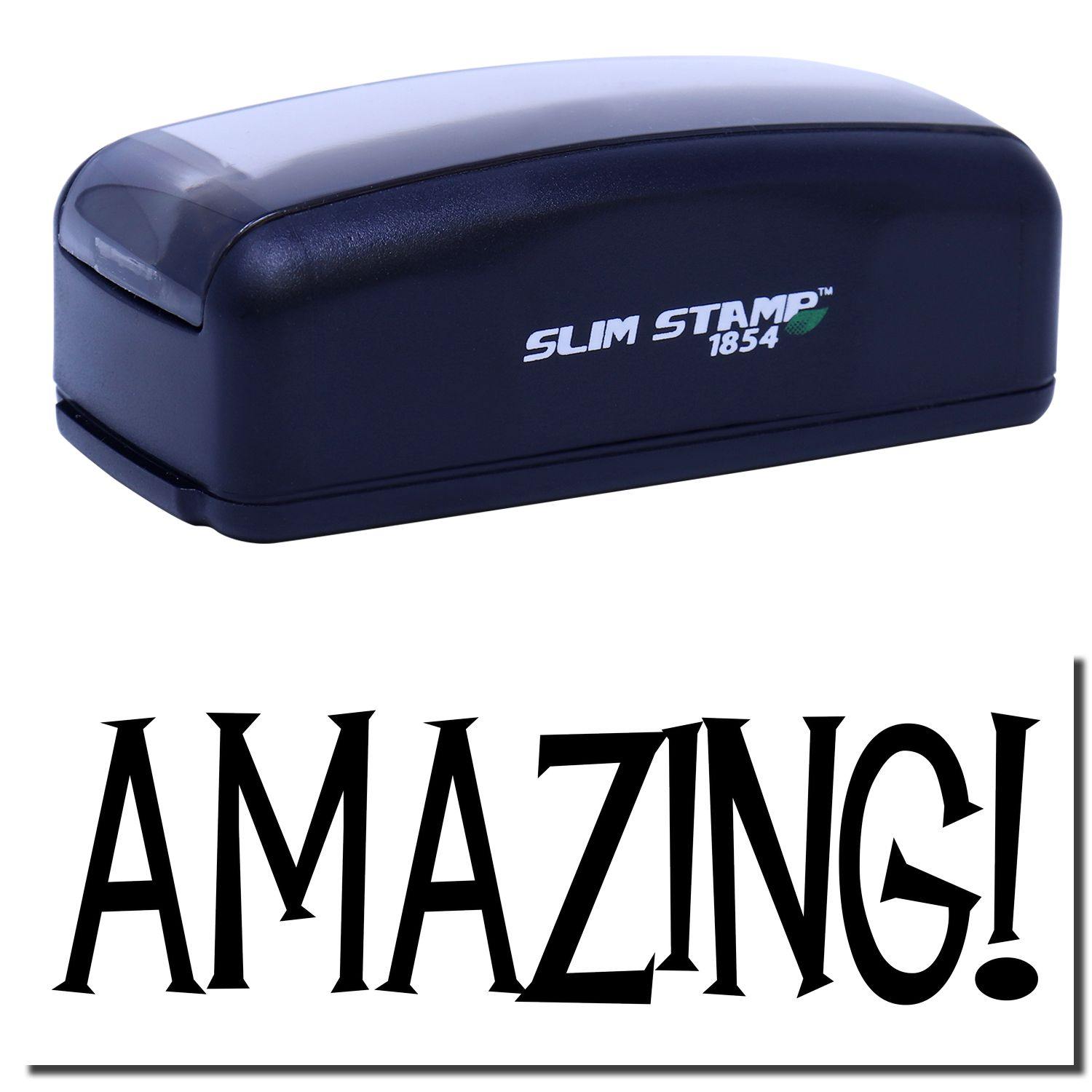 Large Pre-Inked Amazing Stamp in black with SLIM STAMP 1854 text, shown above the word AMAZING! in bold, stylized font.