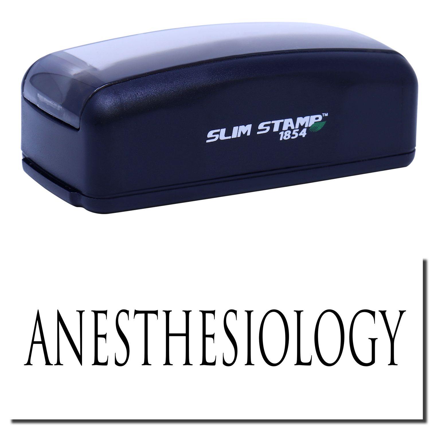 Large Pre-Inked Anesthesiology Stamp in black with ANESTHESIOLOGY text imprint, featuring a compact design and SLIM STAMP 1854 branding.