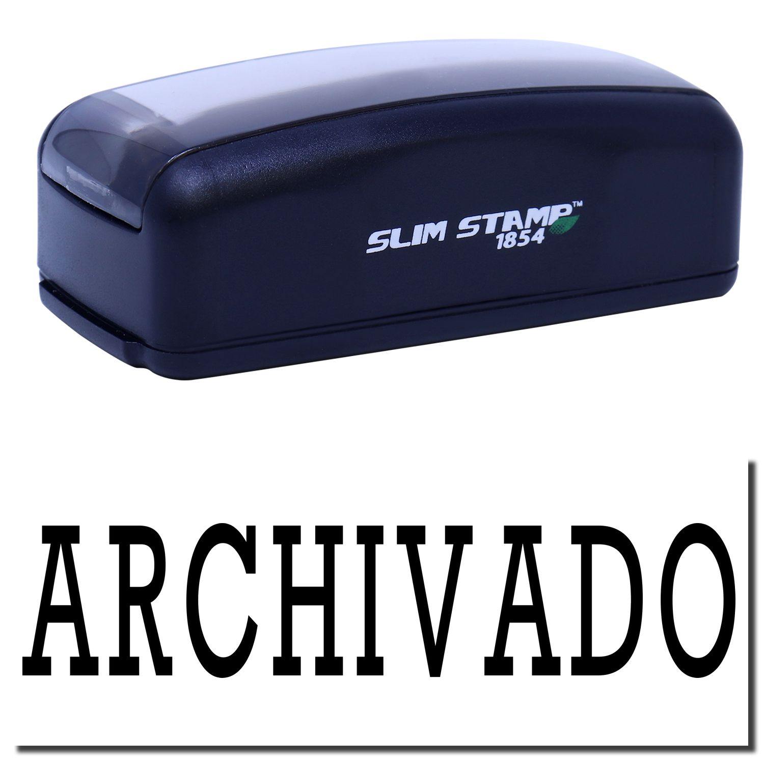 Large Pre-Inked Archivado Stamp in black with SLIM STAMP 1854 branding, shown with the stamped word ARCHIVADO below.