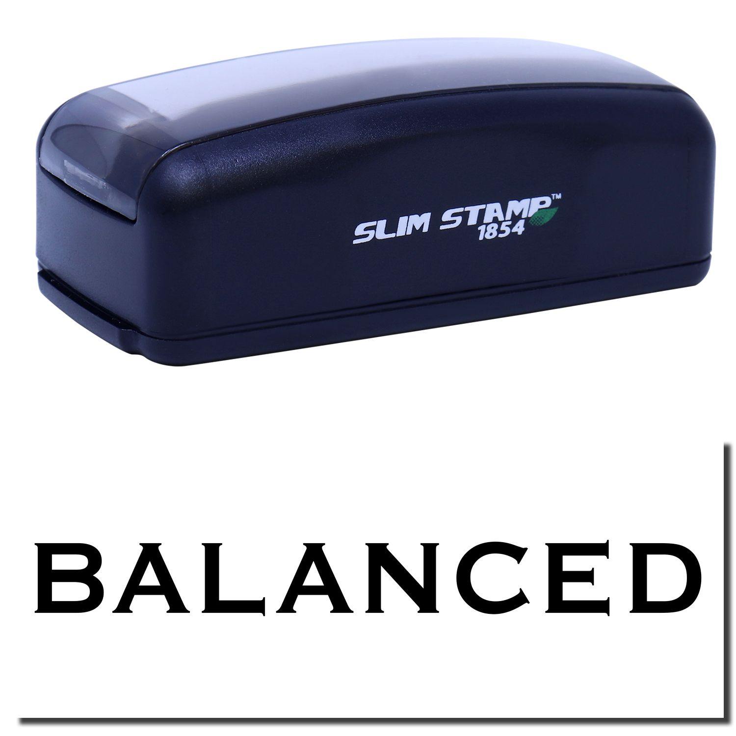 Large Pre-Inked Balanced Stamp in black with SLIM STAMP 1854 branding, shown above the word BALANCED in bold black letters.