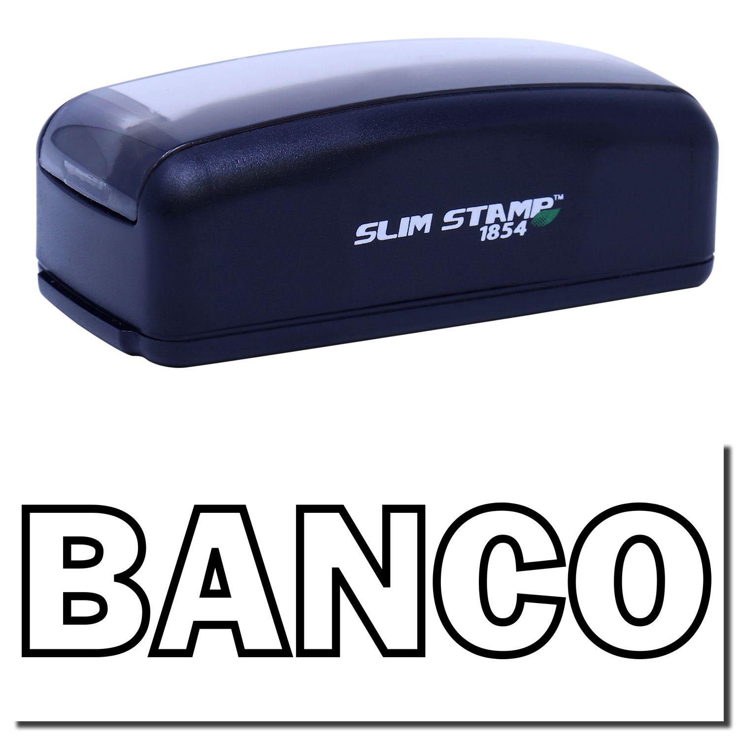 Large Pre-Inked Banco Stamp in black with SLIM STAMP 1854 text on the side, shown with the word BANCO in bold letters below.