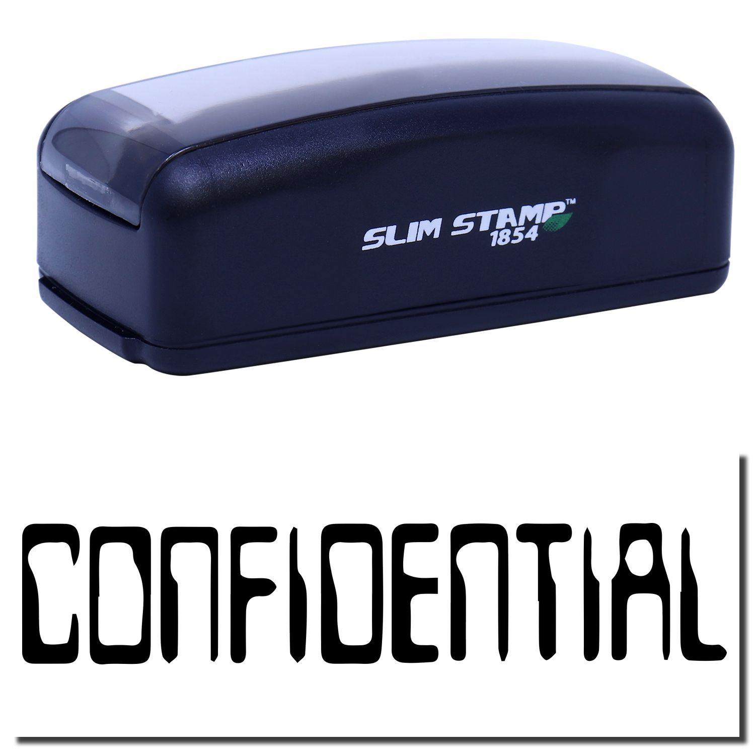 Large Pre-Inked Barcode Confidential Stamp in black with CONFIDENTIAL text stamped below. Compact design, ideal for secure document marking.