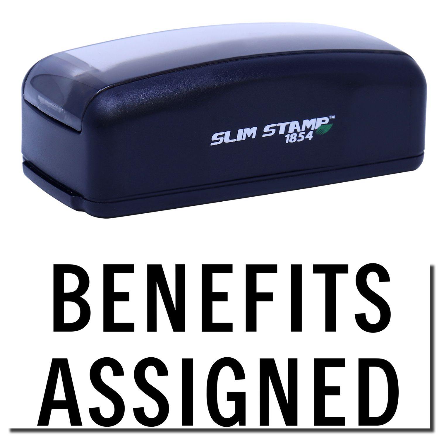 Large Pre-Inked Benefits Assigned Stamp in black with BENEFITS ASSIGNED text below. Compact design, ideal for office use.