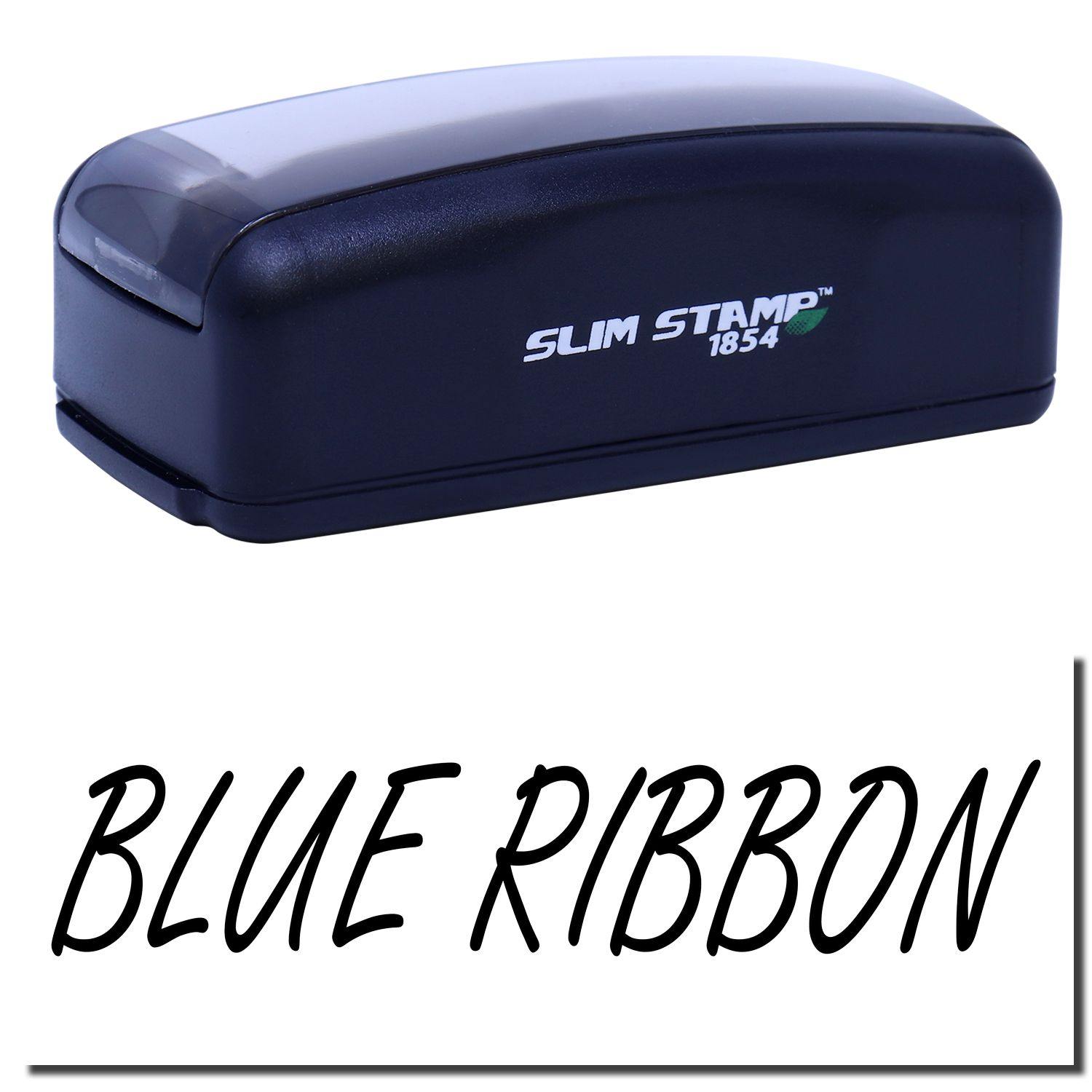 Large Pre-Inked Blue Ribbon Stamp with a sleek black design, featuring the text BLUE RIBBON in bold, elegant font below the stamp.