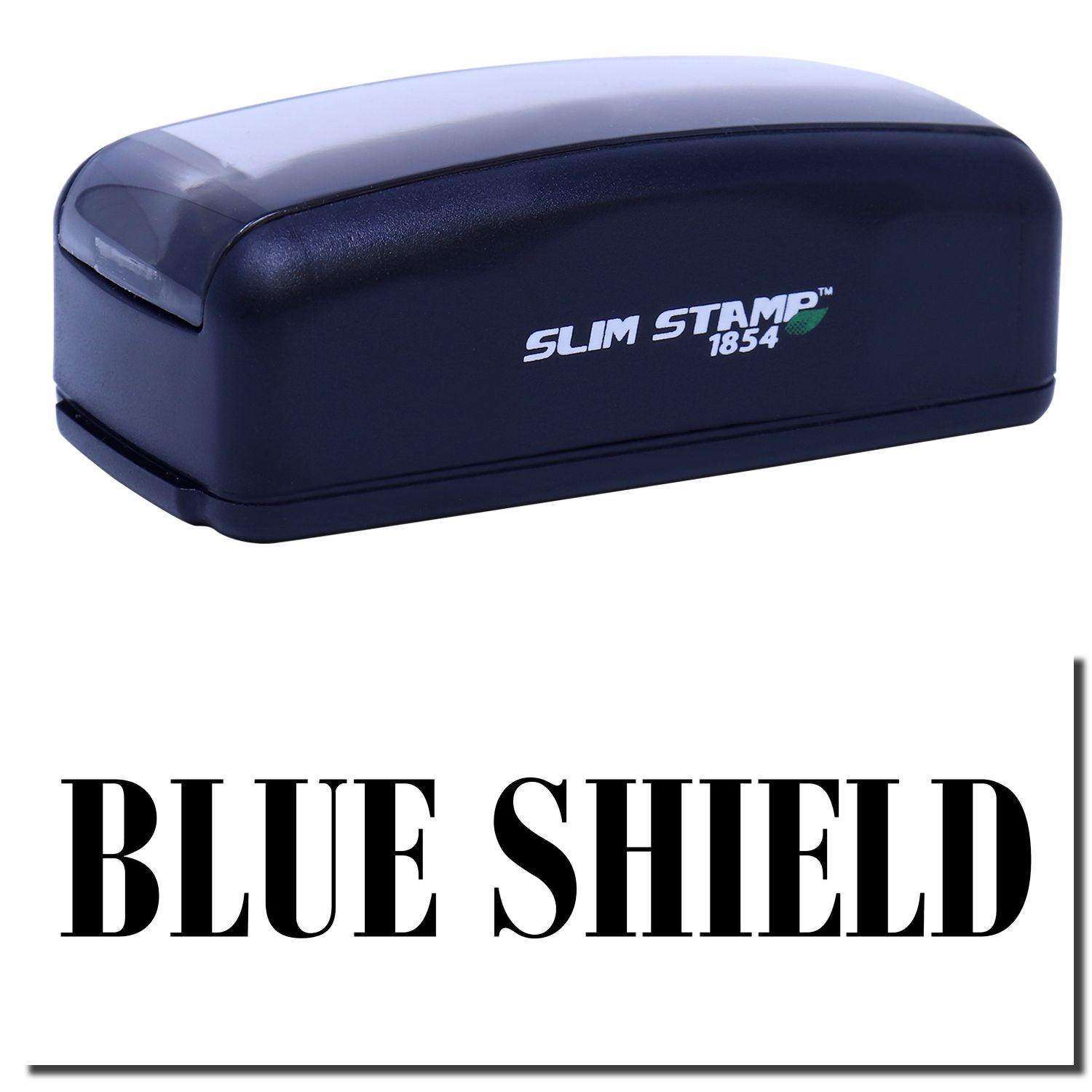 Large Pre-Inked Blue Shield Stamp with a sleek black design and SLIM STAMP 1854 branding, shown against a white background.