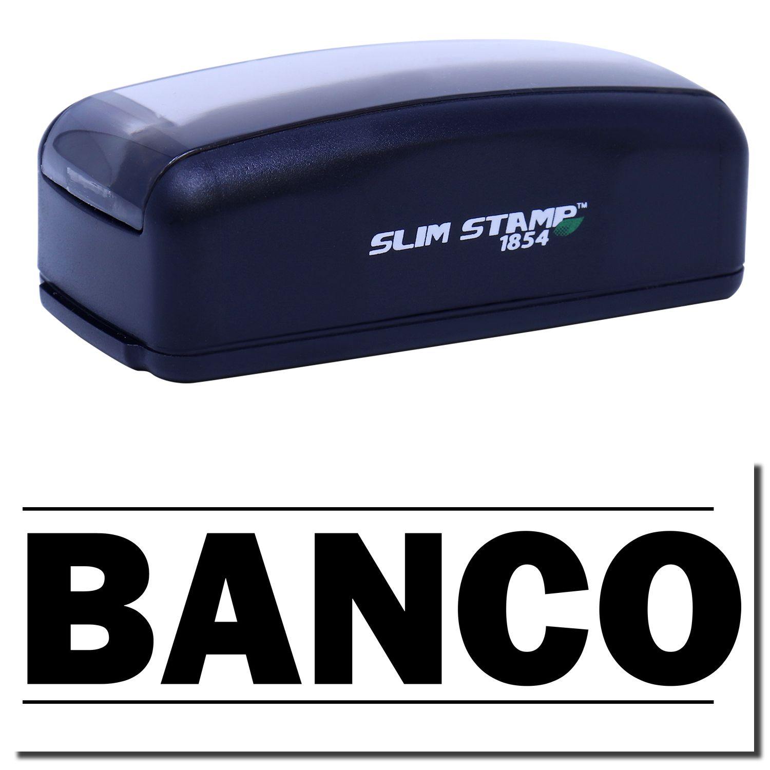 Large Pre-Inked Bold Banco Stamp in black with SLIM STAMP 1854 text on the side, shown with a bold BANCO imprint below.