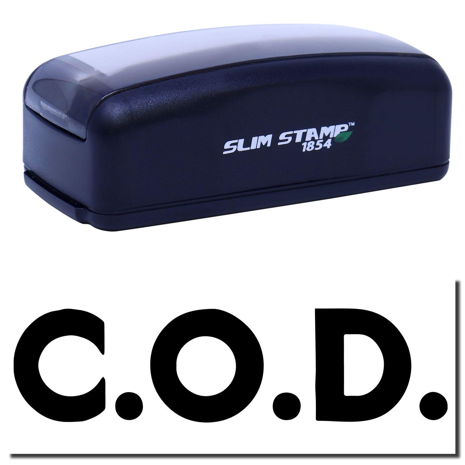 Large Pre-Inked Bold COD Stamp in black, featuring SLIM STAMP 1854 branding, with a clear C.O.D. imprint shown below.