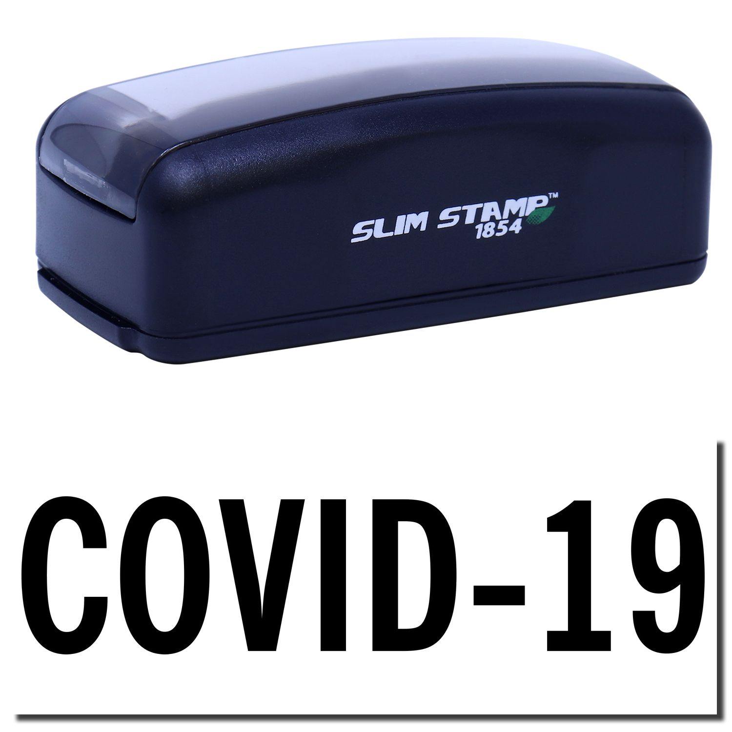 Large Pre-Inked Bold Covid-19 Stamp in black with COVID-19 text displayed below. Compact design with SLIM STAMP 1854 branding on the side.