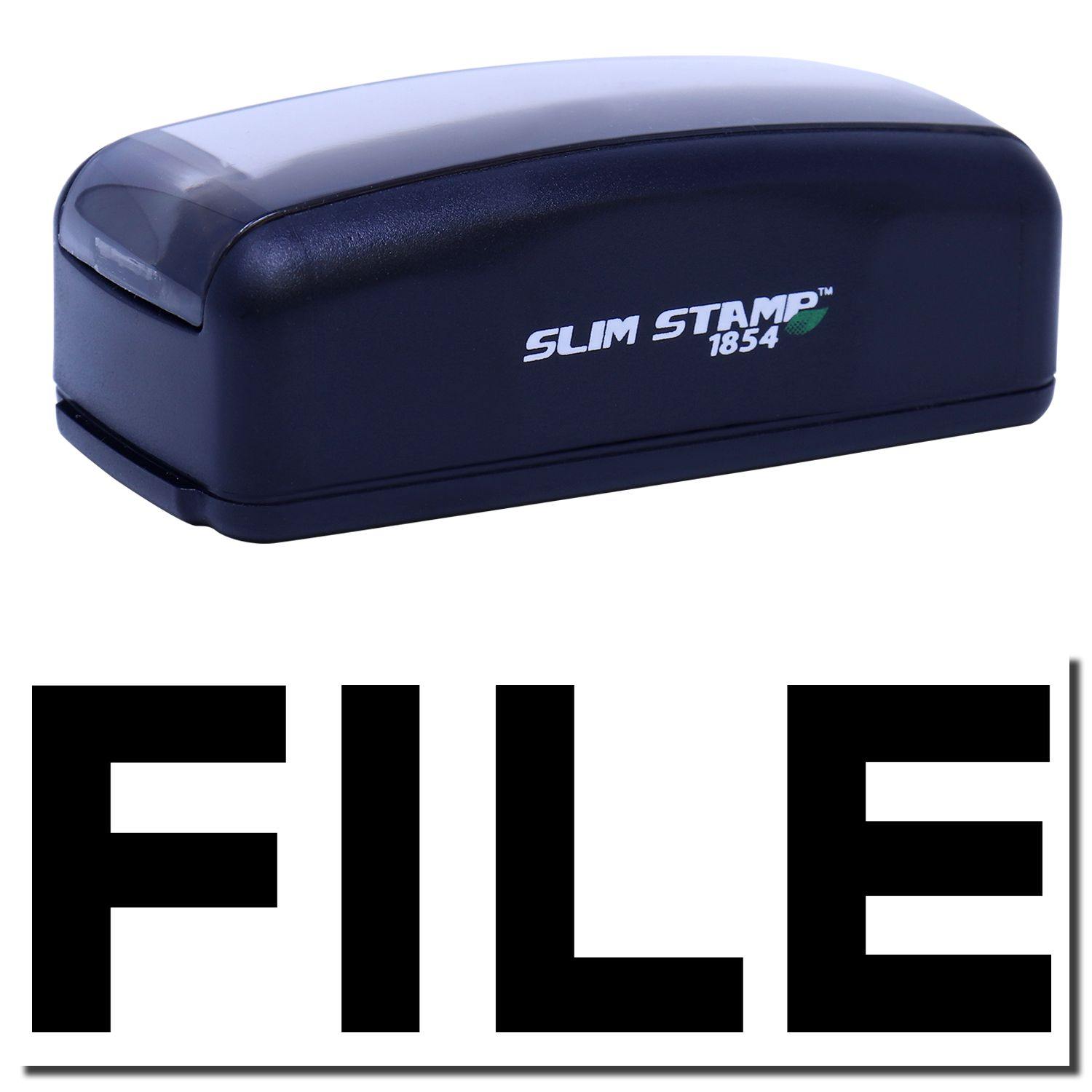 Large Pre-Inked Bold File Stamp in black with SLIM STAMP 1854 branding, shown above a bold FILE imprint.