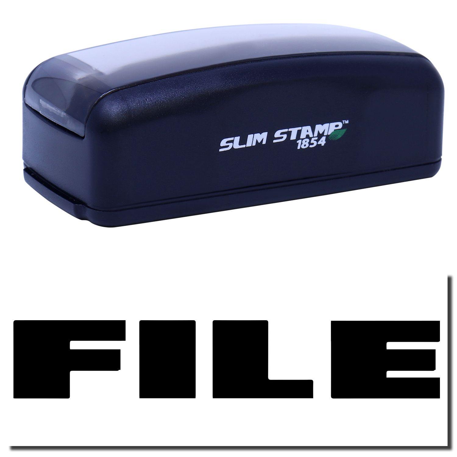 Image of a Large Pre-Inked Bold Font File Stamp with a black casing and the word FILE stamped in bold black letters below it.