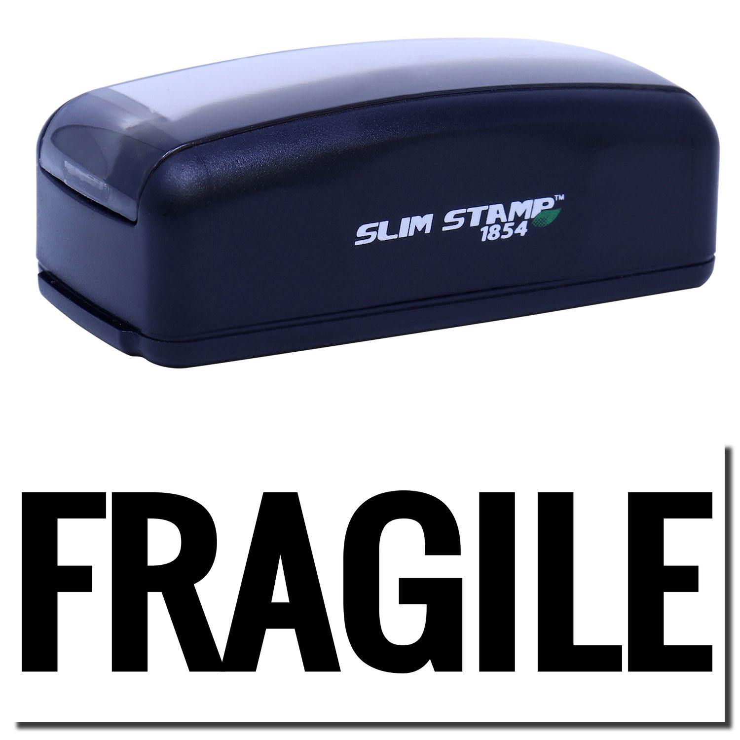 A slim pre-inked stamp with a stamped image showing how the text FRAGILE in large bold font is displayed after stamping.