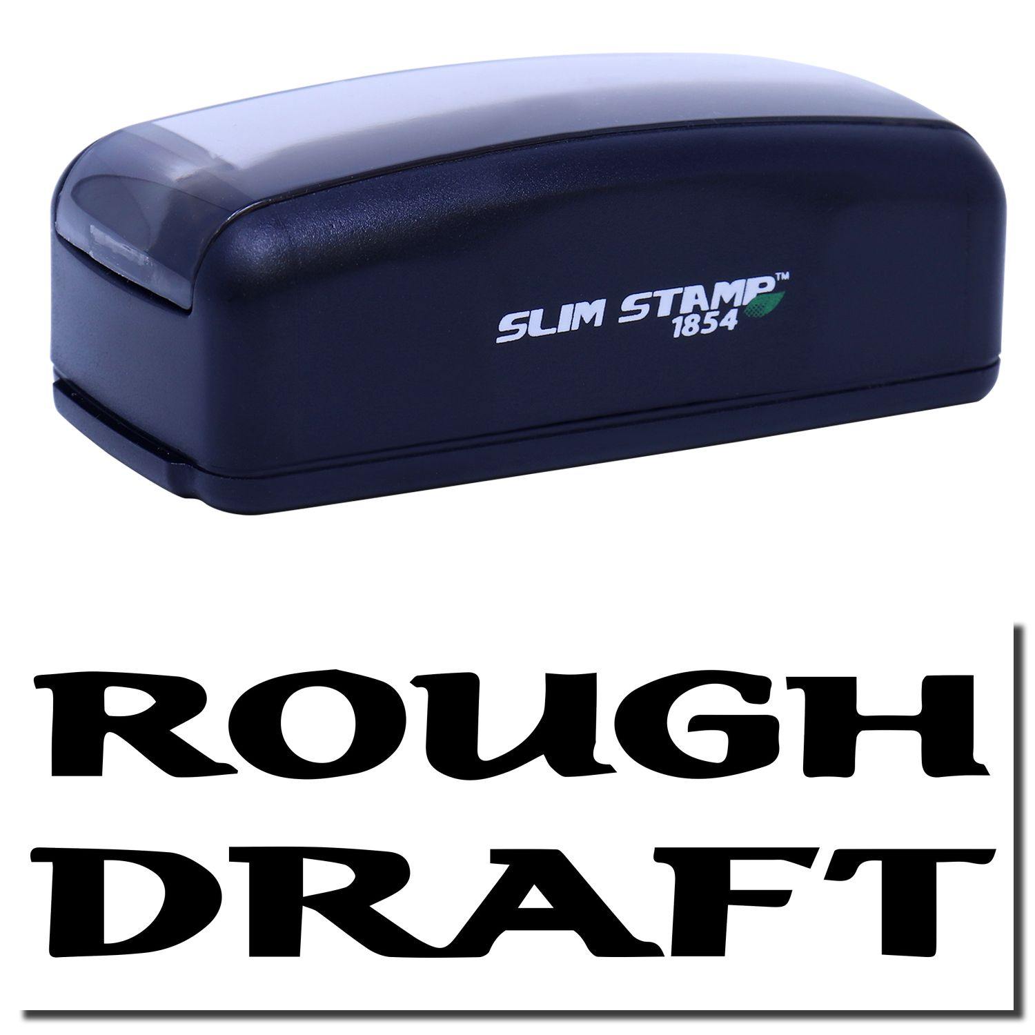 Large Pre-Inked Bold Rough Draft Stamp in black with ROUGH DRAFT text imprint. Compact design, ideal for marking drafts.