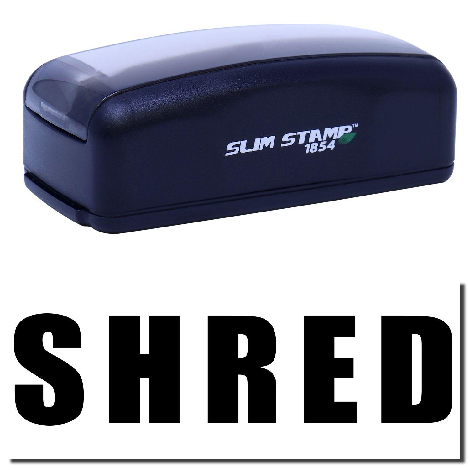 Large Pre-Inked Bold Shred Stamp in black with SHRED text below, designed for secure document disposal.