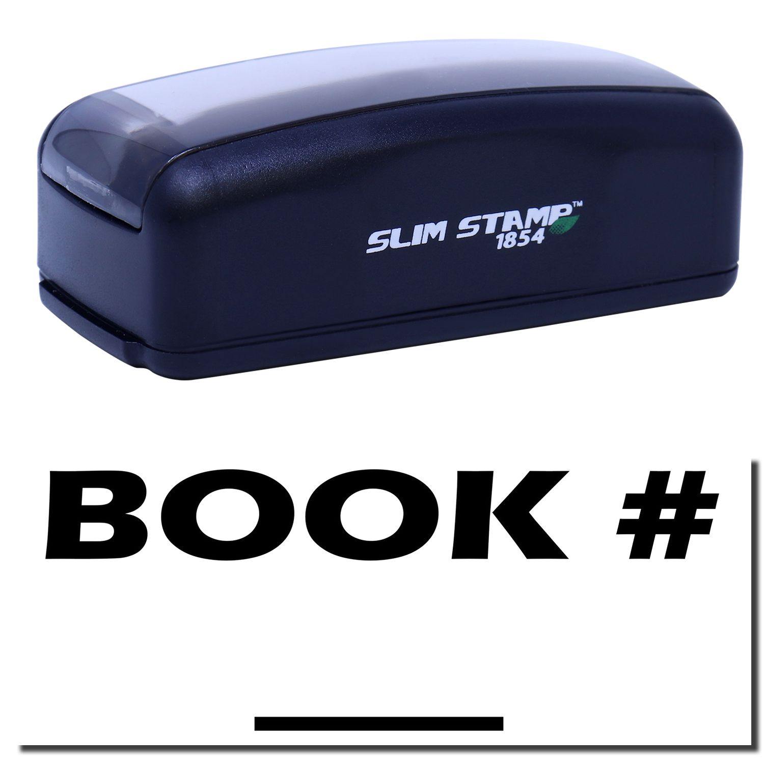 Large Pre-Inked Book Stamp in black with SLIM STAMP 1854 branding, shown above a stamped BOOK # text.