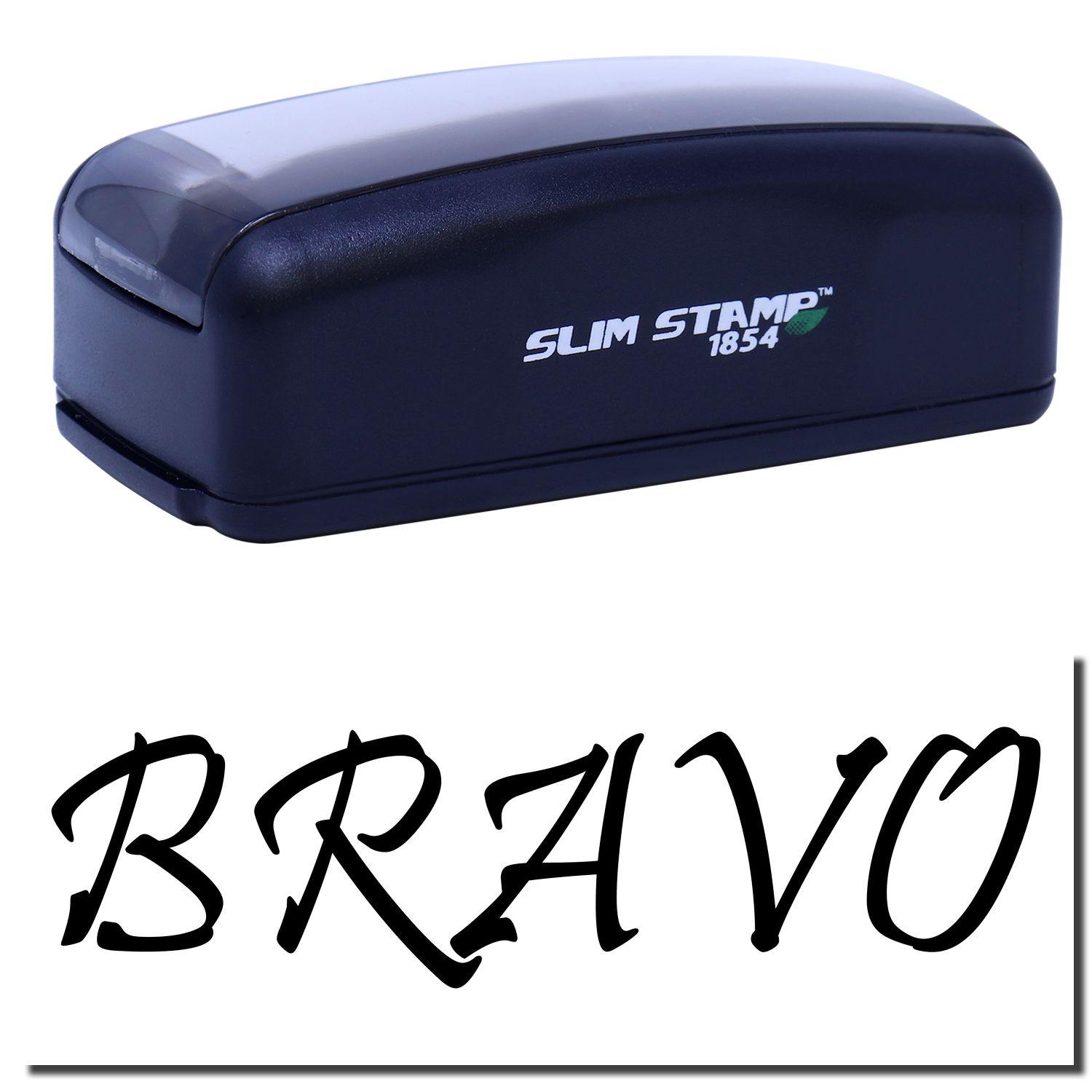 Large Pre-Inked Bravo Stamp in black with SLIM STAMP 1854 text on the side, shown above the stamped word BRAVO in bold script.