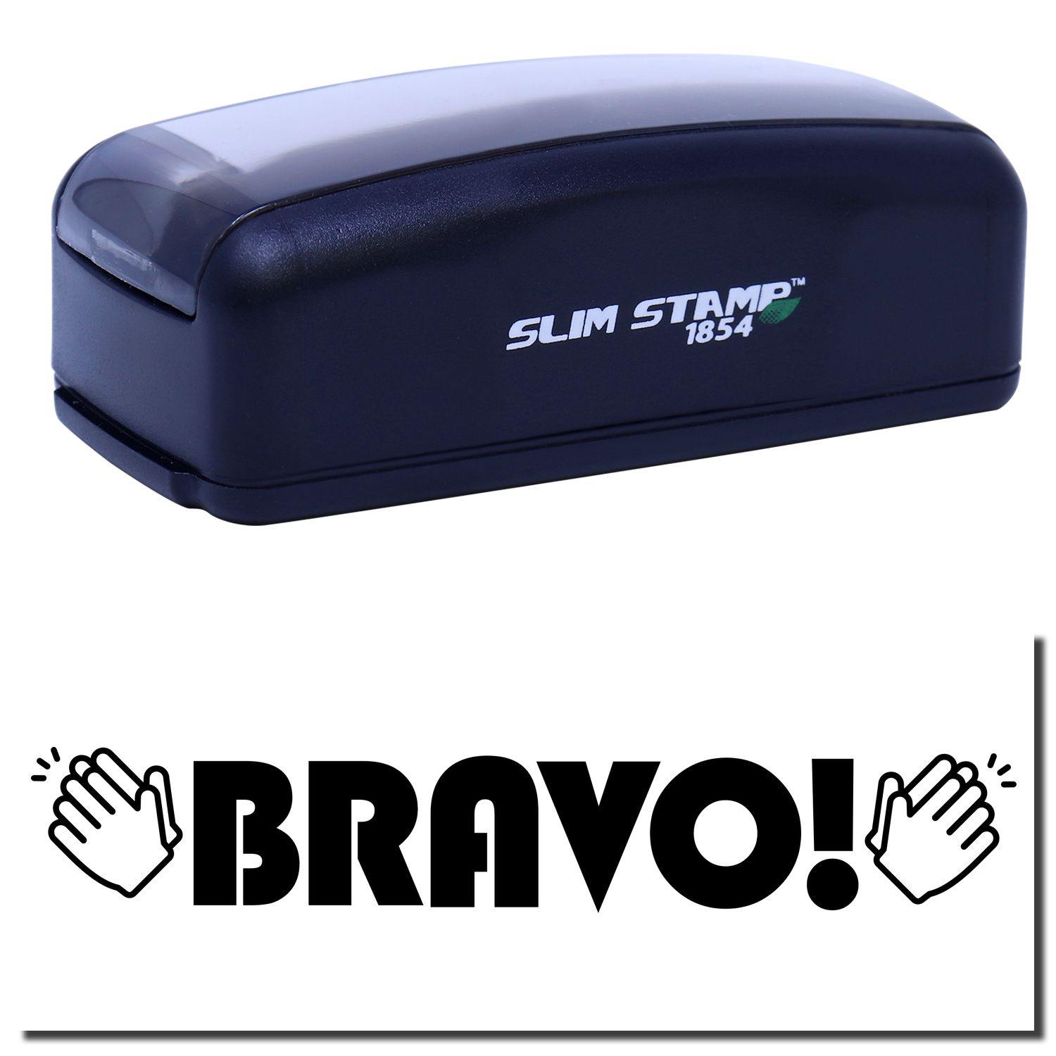 Large Pre-Inked Bravo with Hands Stamp, black, with BRAVO! and clapping hands design, shown on a white background.