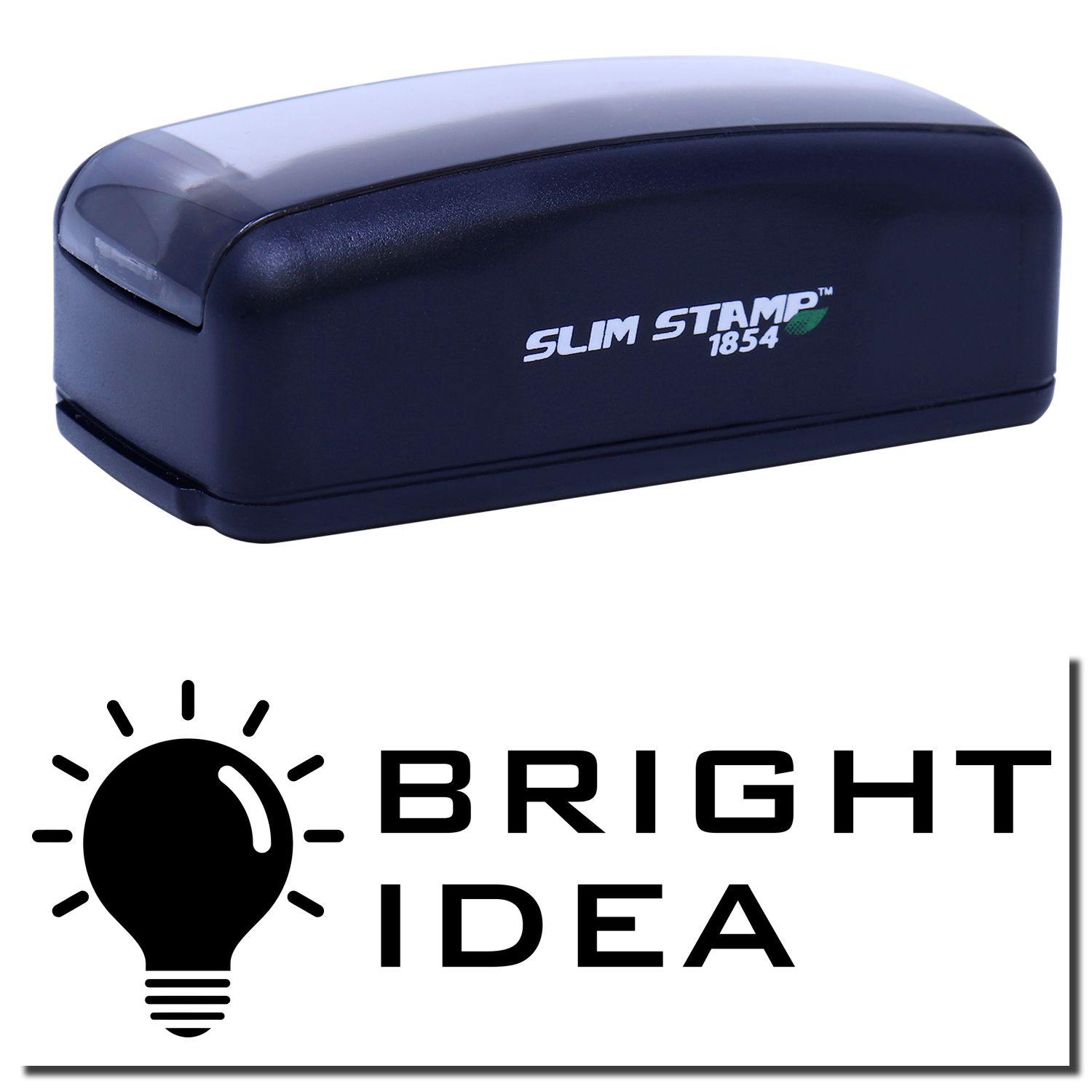 Large Pre-Inked Bright Idea Stamp in black with Bright Idea text and light bulb icon. Compact design, labeled Slim Stamp 1854.