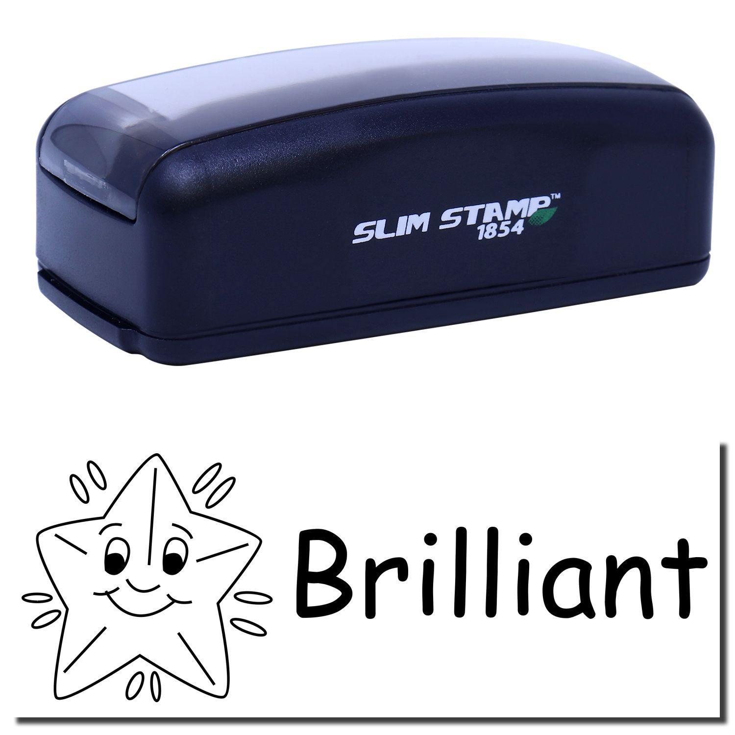 Large Pre-Inked Brilliant Stamp in black with a sleek design, shown with a stamped image of a smiling star and the word Brilliant.