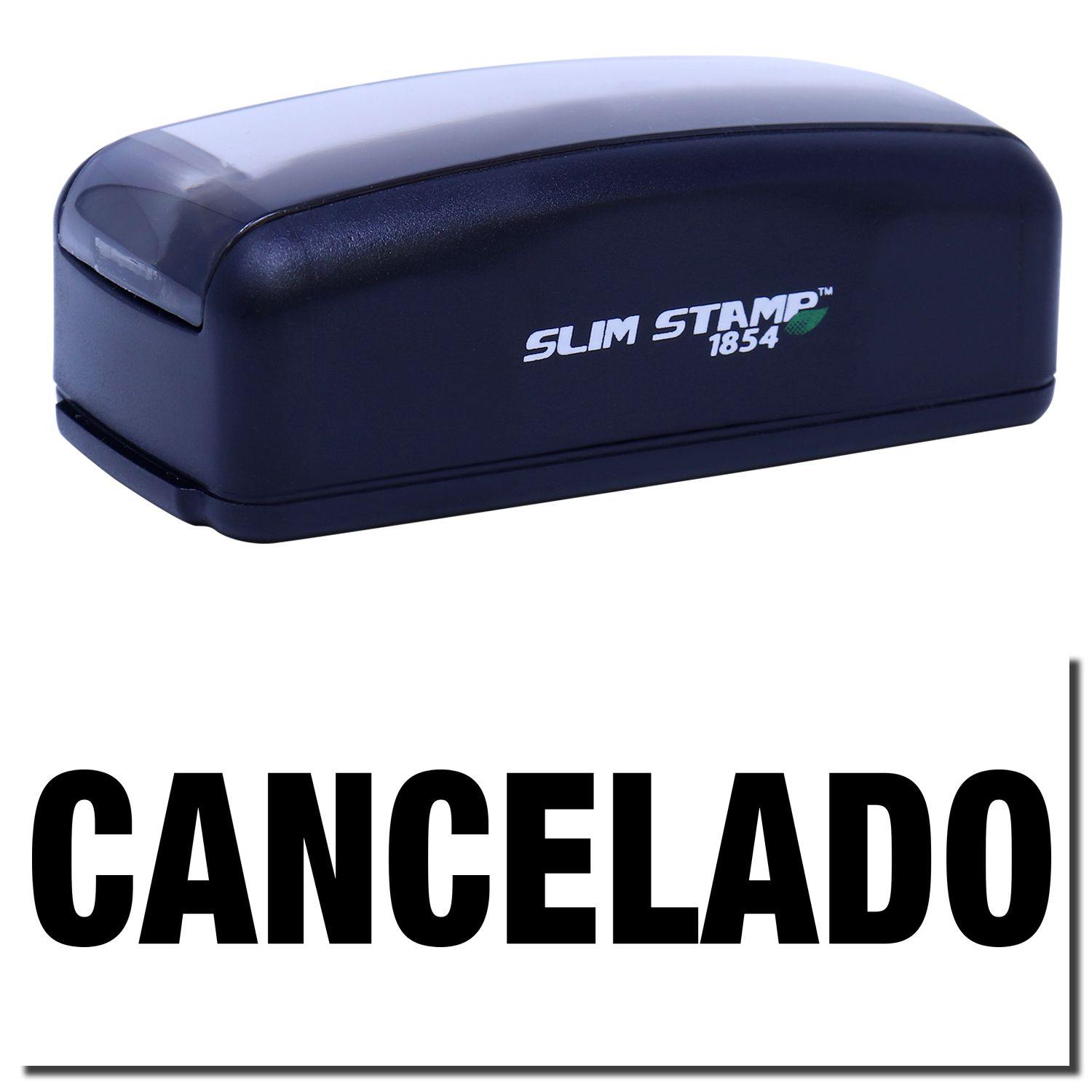 Large Pre-Inked Cancelado Stamp in black with CANCELADO text below, featuring a compact design and SLIM STAMP 1854 branding.