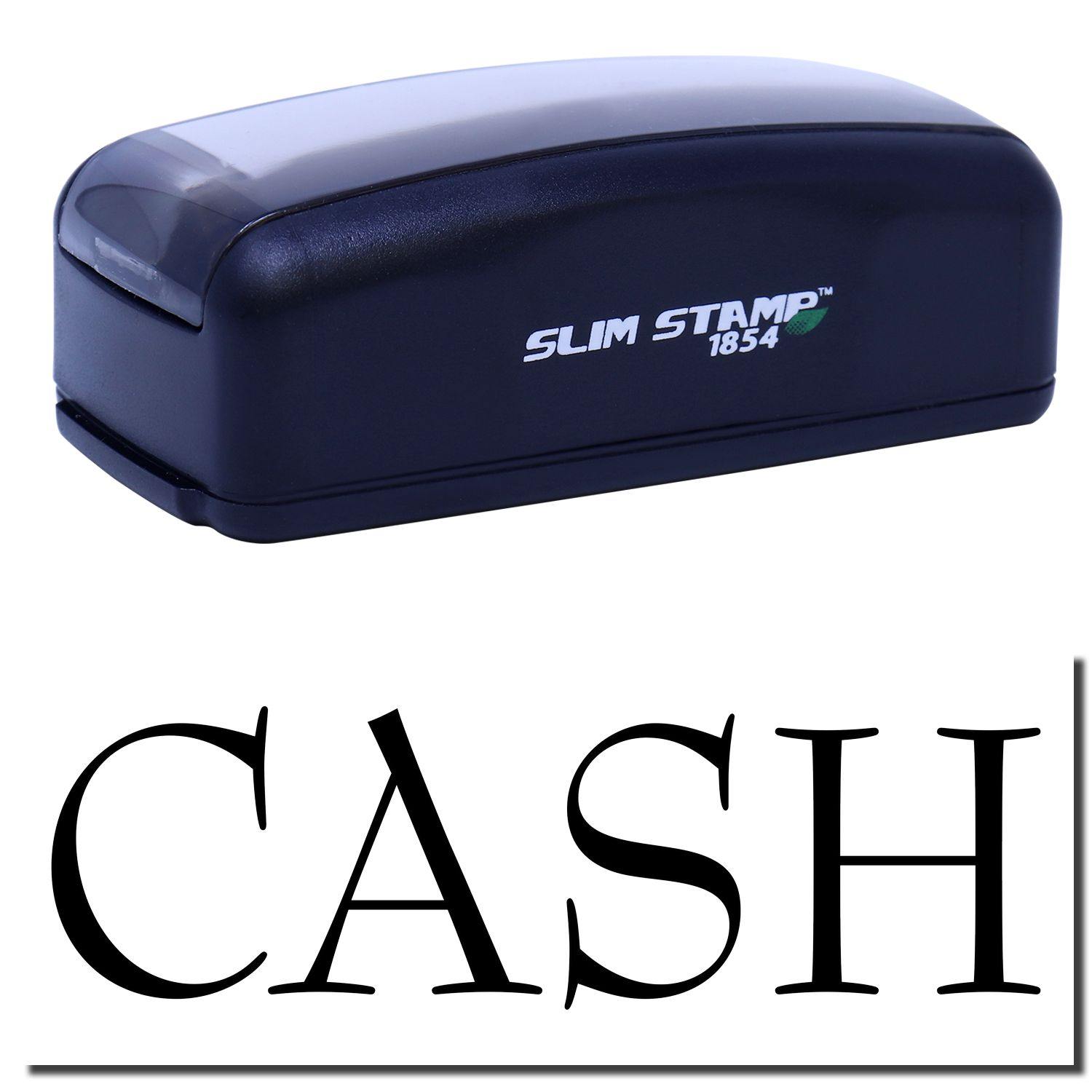 Large Pre-Inked Cash Stamp in black with SLIM STAMP 1854 branding, shown above a stamped CASH text.