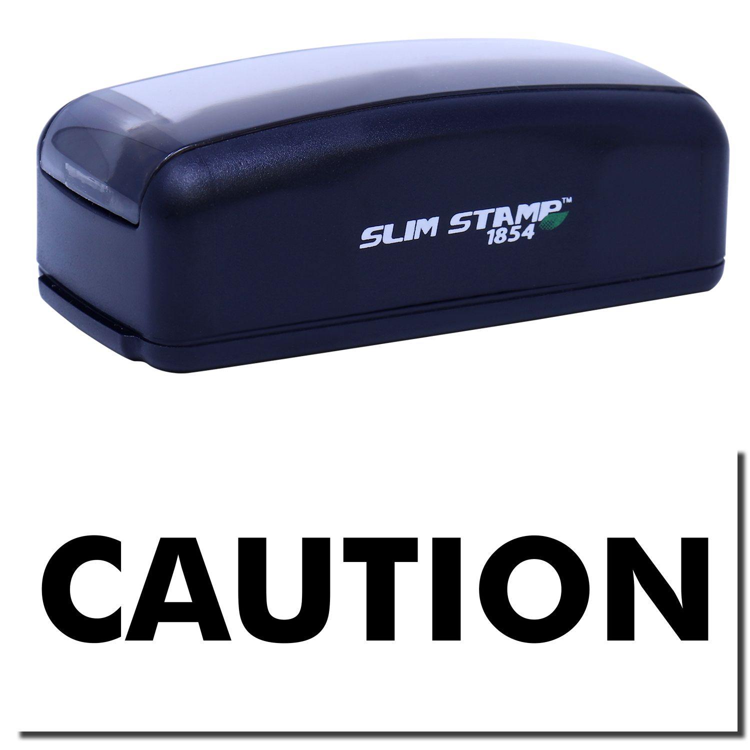 Large Pre-Inked Caution Stamp with black casing and SLIM STAMP 1854 text, shown stamping the word CAUTION in bold black letters.