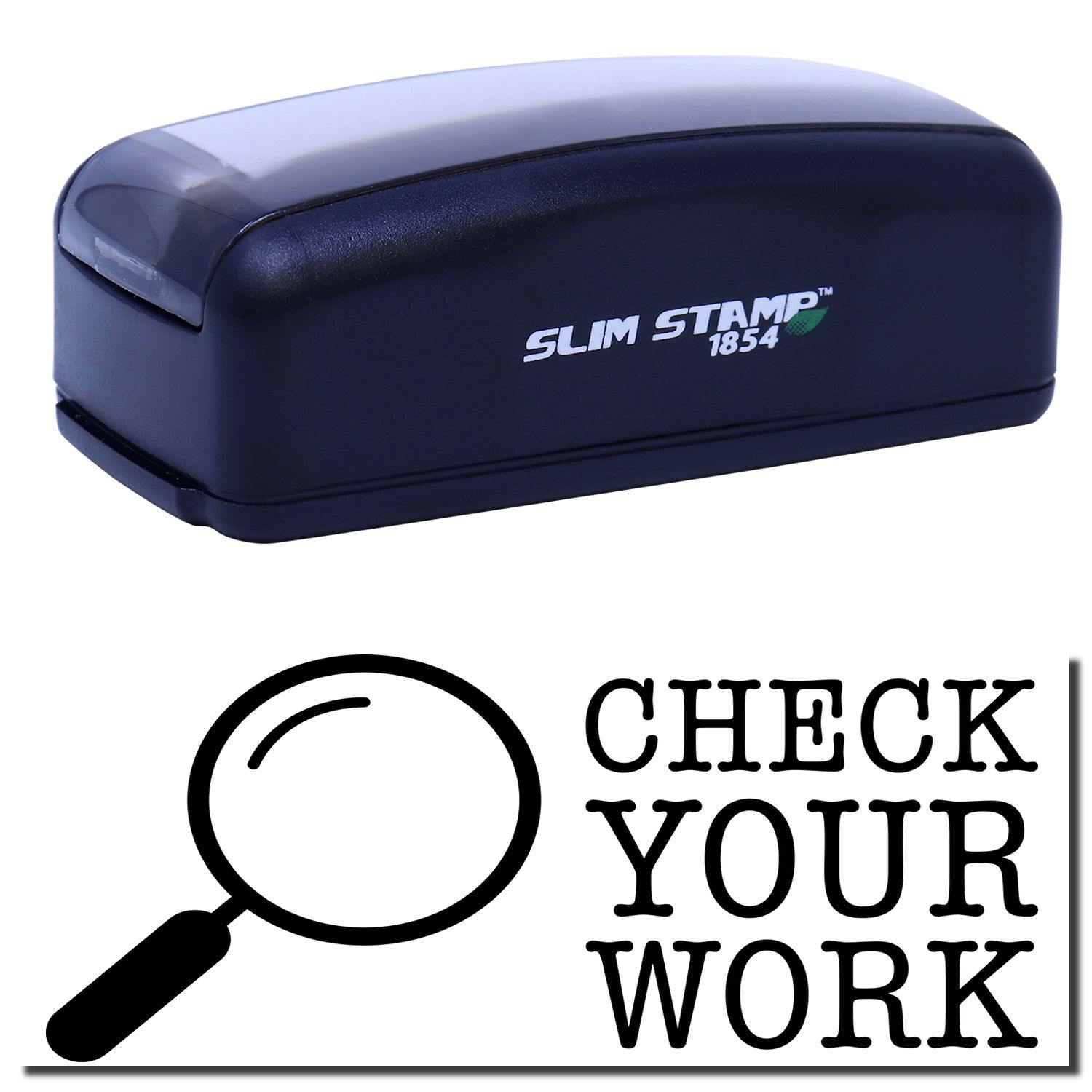 Large Pre-Inked Check Your Work Stamp in black with SLIM STAMP 1854 branding, shown with a magnifying glass and CHECK YOUR WORK text.